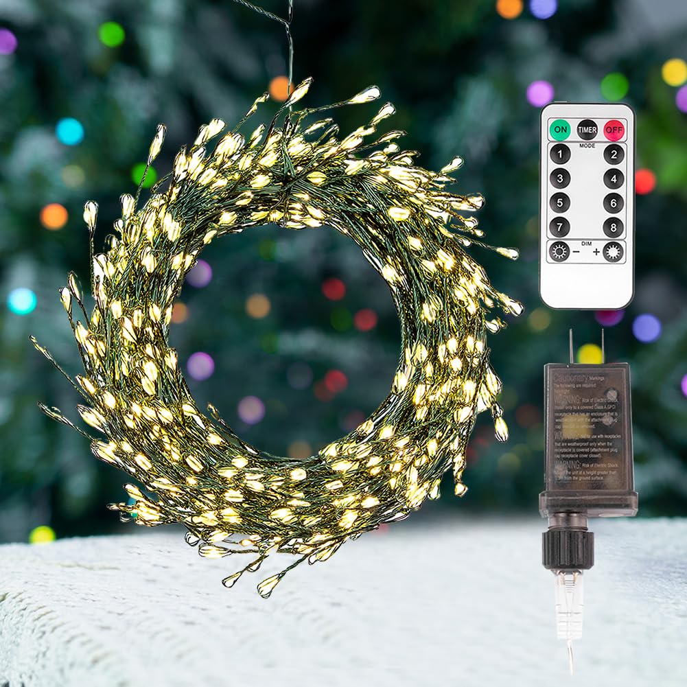 20FT 200LED Waterproof Fairy String Lights with Remote Control - 8 Lighting Modes, Green Wire, Warm White for Christmas, Wedding, Birthday, Garden, Patio Decor - Indoor & Outdoor Use