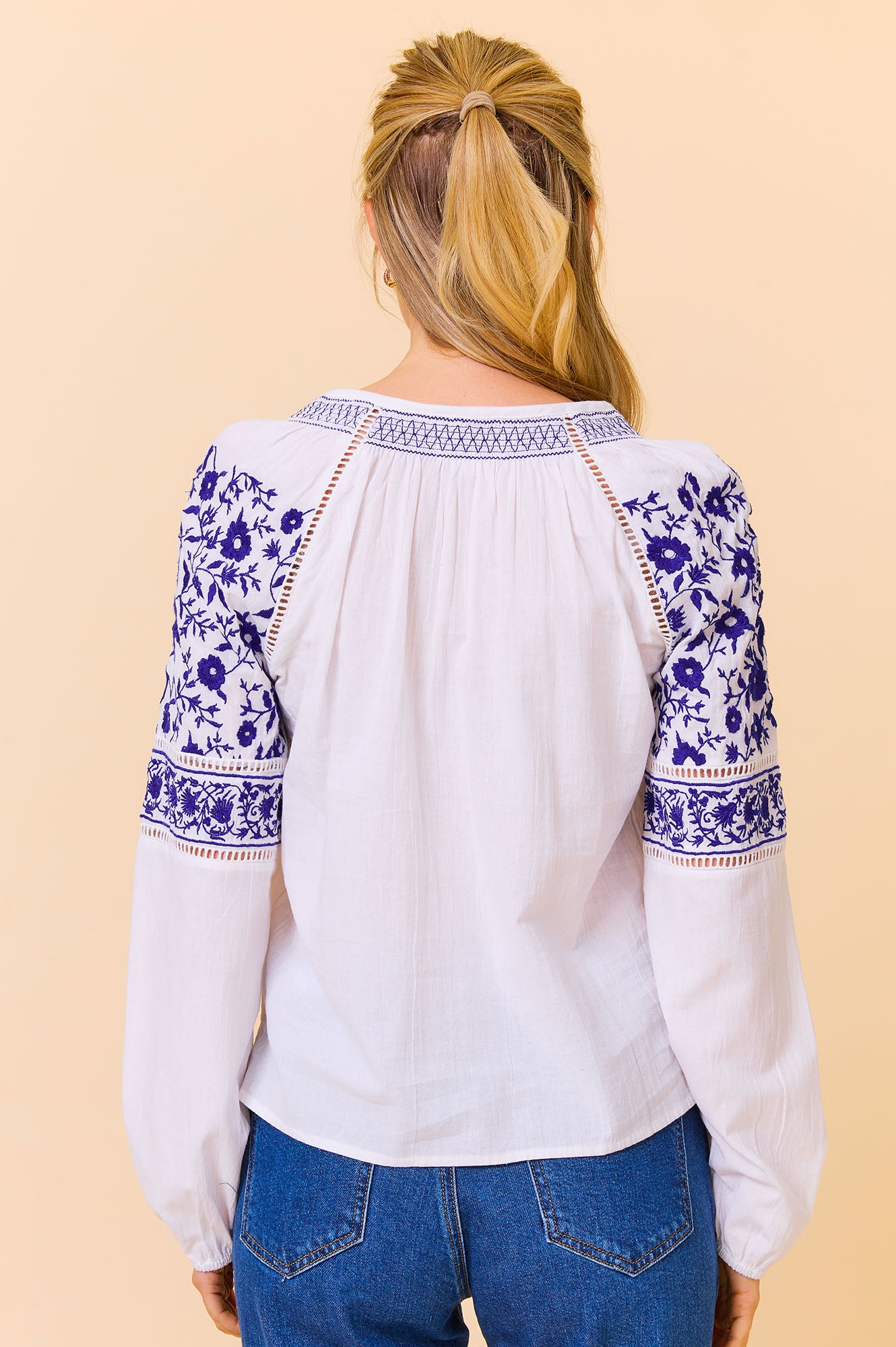 Ida Embroidered Top for Women - White & Cobalt Blue Floral Blouse | Perfect for Casual Wear, Office Outfits & Summer Fashion