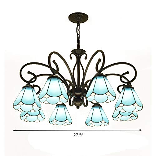 Blue Tiffany Cone Pendant Chandelier - 8-Light Black Ceiling Suspension Lamp with Blue Glass Shades for Living Room, Dining Room & Bedroom Lighting