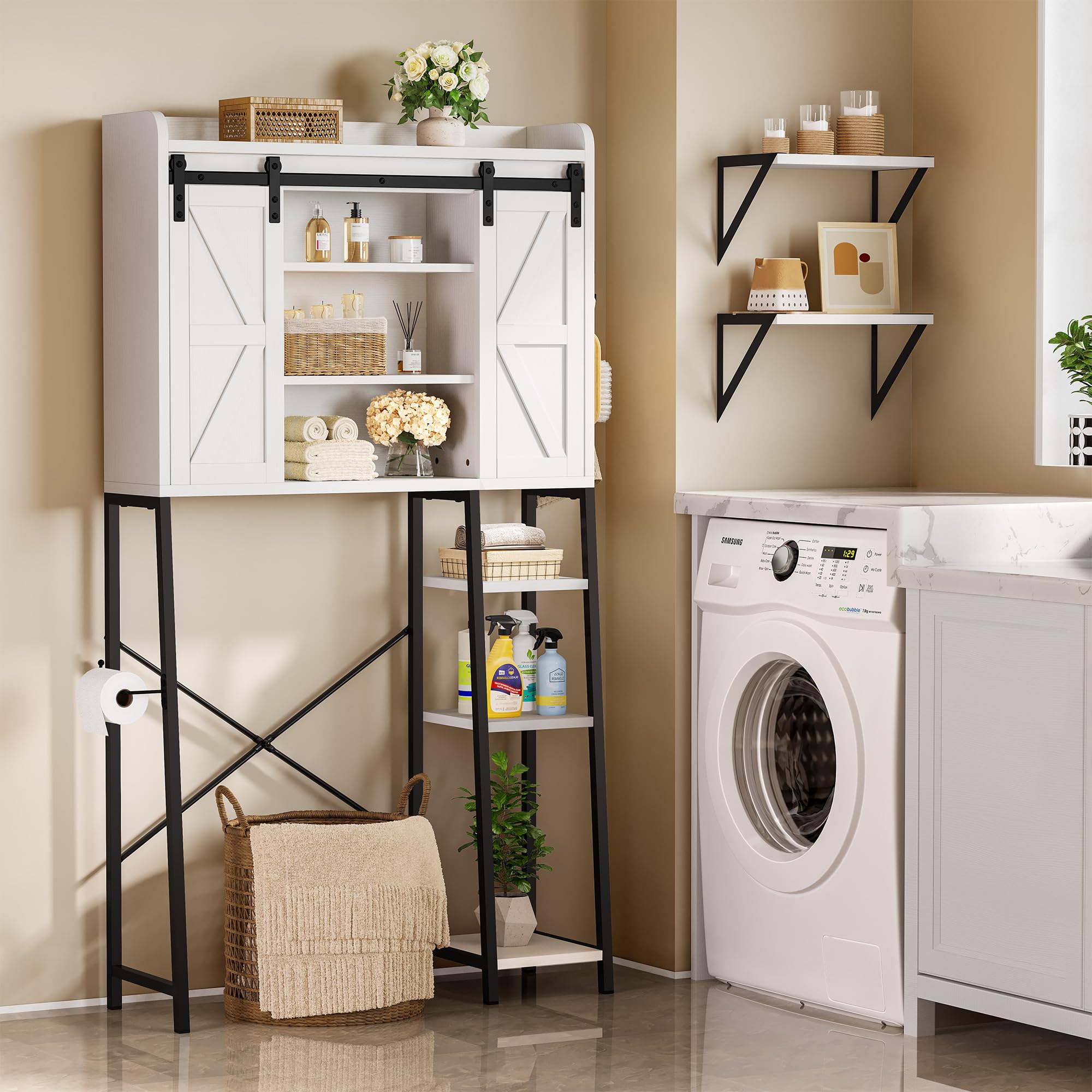 YITAHOME White Over The Toilet Storage Cabinet with Shelves, Side Rack & Hooks - Space-Saving Bathroom Organizer for Toilet Paper, Towels & Laundry Supplies - Perfect for Small Bathrooms, Apartments & RV Living