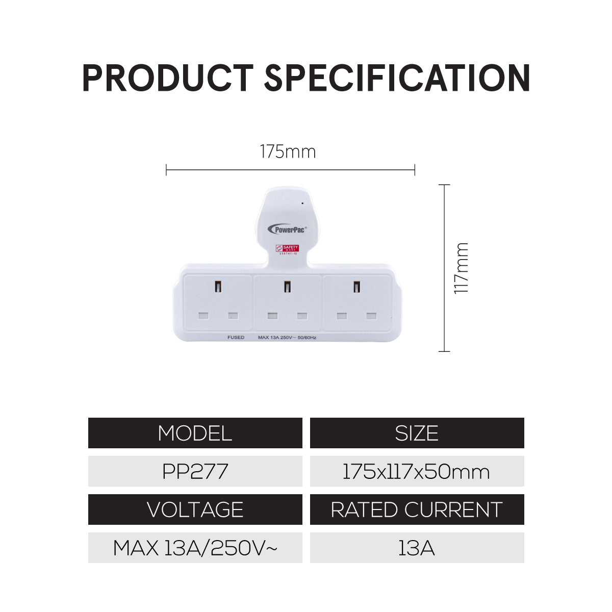 3-Way Multi Plug Extension Adapter with Power Socket - Universal Travel Adapter for Home, Office & Hotel Use (PP277)