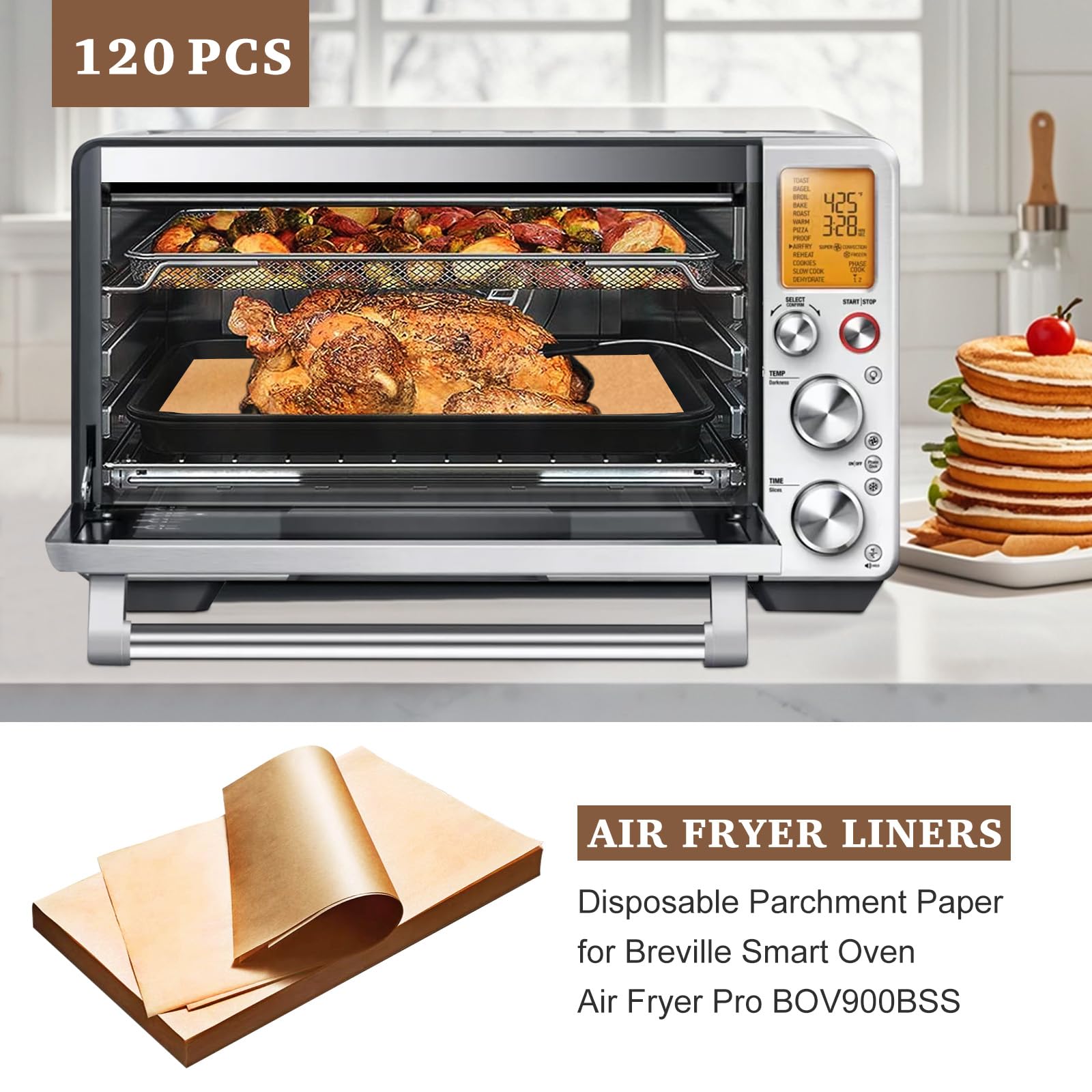 120 Pcs 9''x13'' Air Fryer Parchment Paper Liners - Compatible with Breville Smart Oven Air Fryer Pro BOV900BSS & Cuisinart Toaster Oven Combo - Disposable Non-Stick Baking Sheets for Healthy Cooking, Roasting & Reheating Food