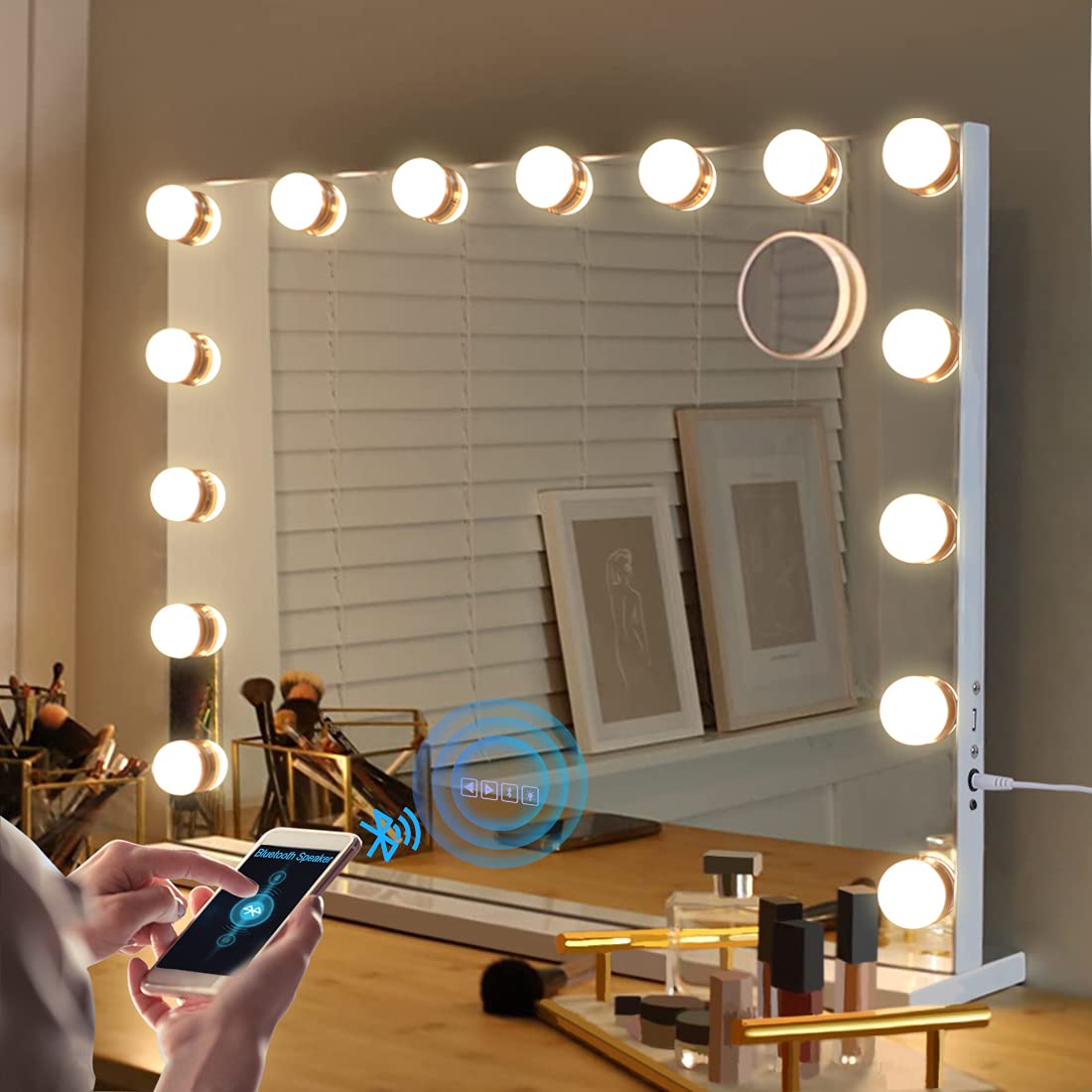Fenair Hollywood Vanity Mirror with Lights & Bluetooth Speaker - Touch Screen Makeup Mirror with 15 Dimmable LED Bulbs, 3 Color Modes, Call Function - Perfect for Home Dressing Room, Beauty Salon, and Professional Makeup Artists
