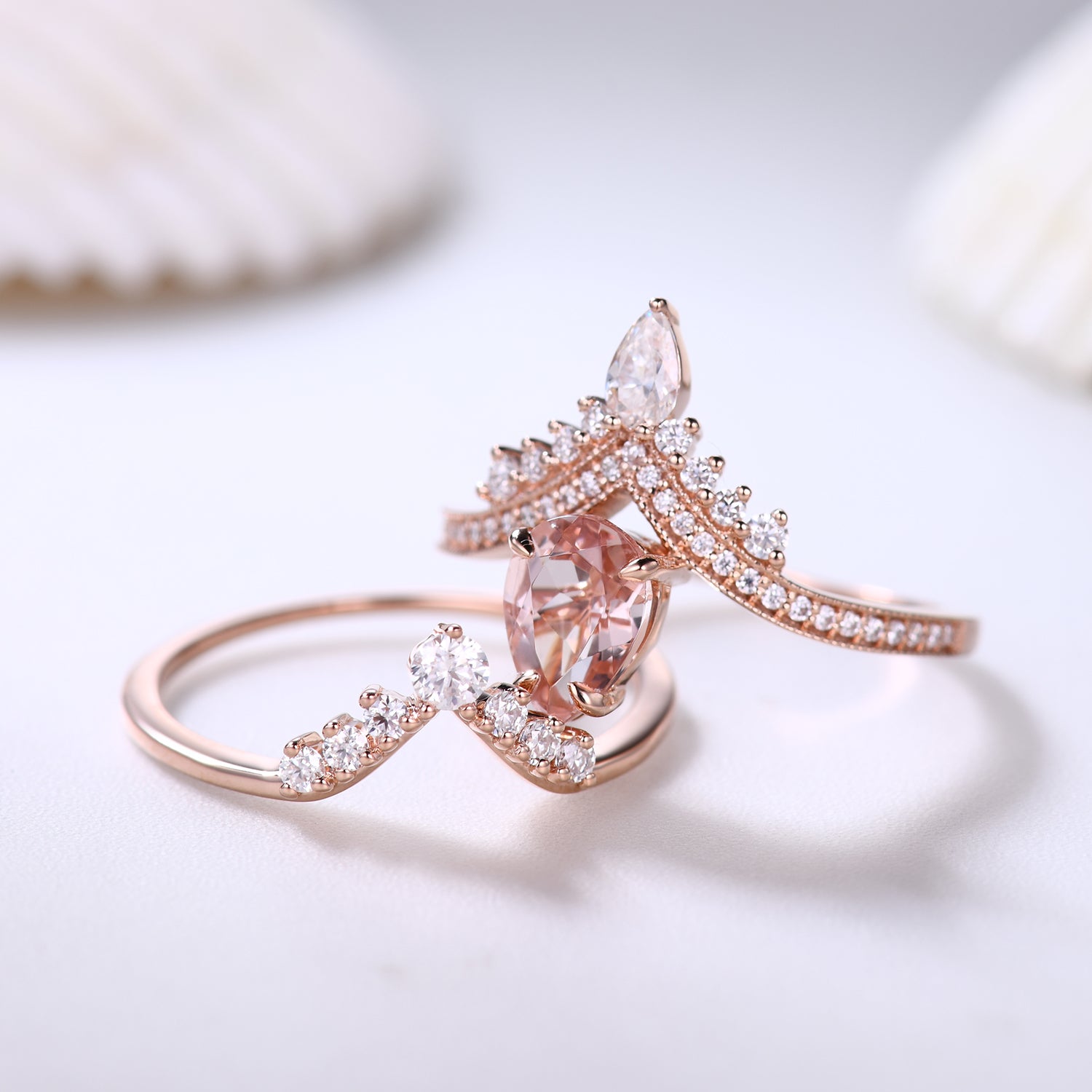 Morganite and Moissanite Teardrop Bridal Ring Set with Curved Chevron Band - Unique Crown Design for Engagement, Wedding, Anniversary Gift - Perfect for Proposals, Bridal Jewelry, and Special Occasions