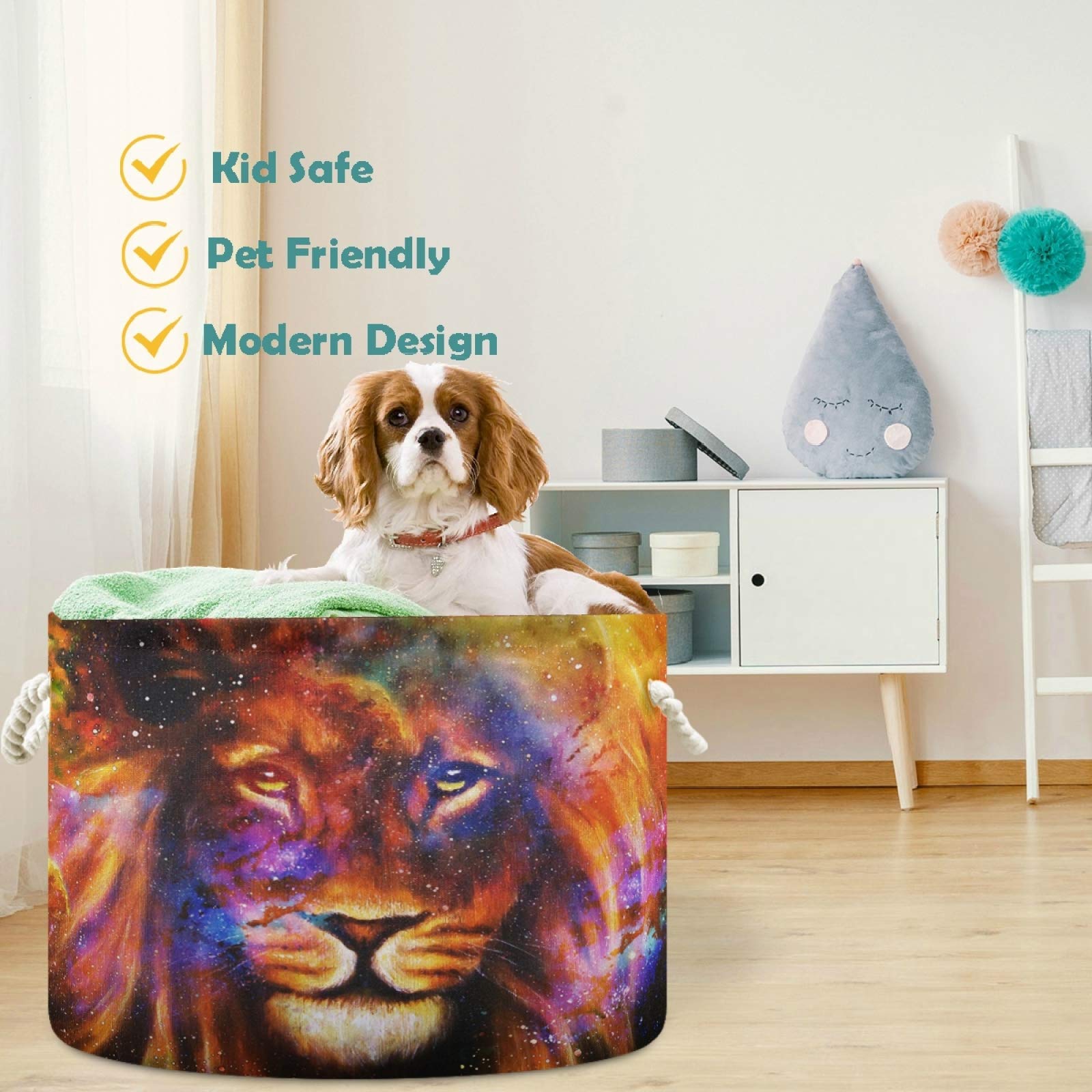 Visesunny Lion in Cosmic Space Storage Basket - Canvas Fabric Toy Organizer Bin, Nursery Hamper, Laundry Basket for Kids Room, Playroom, Shelves - Perfect for Toy Storage, Gift Basket & Baby Room Decor