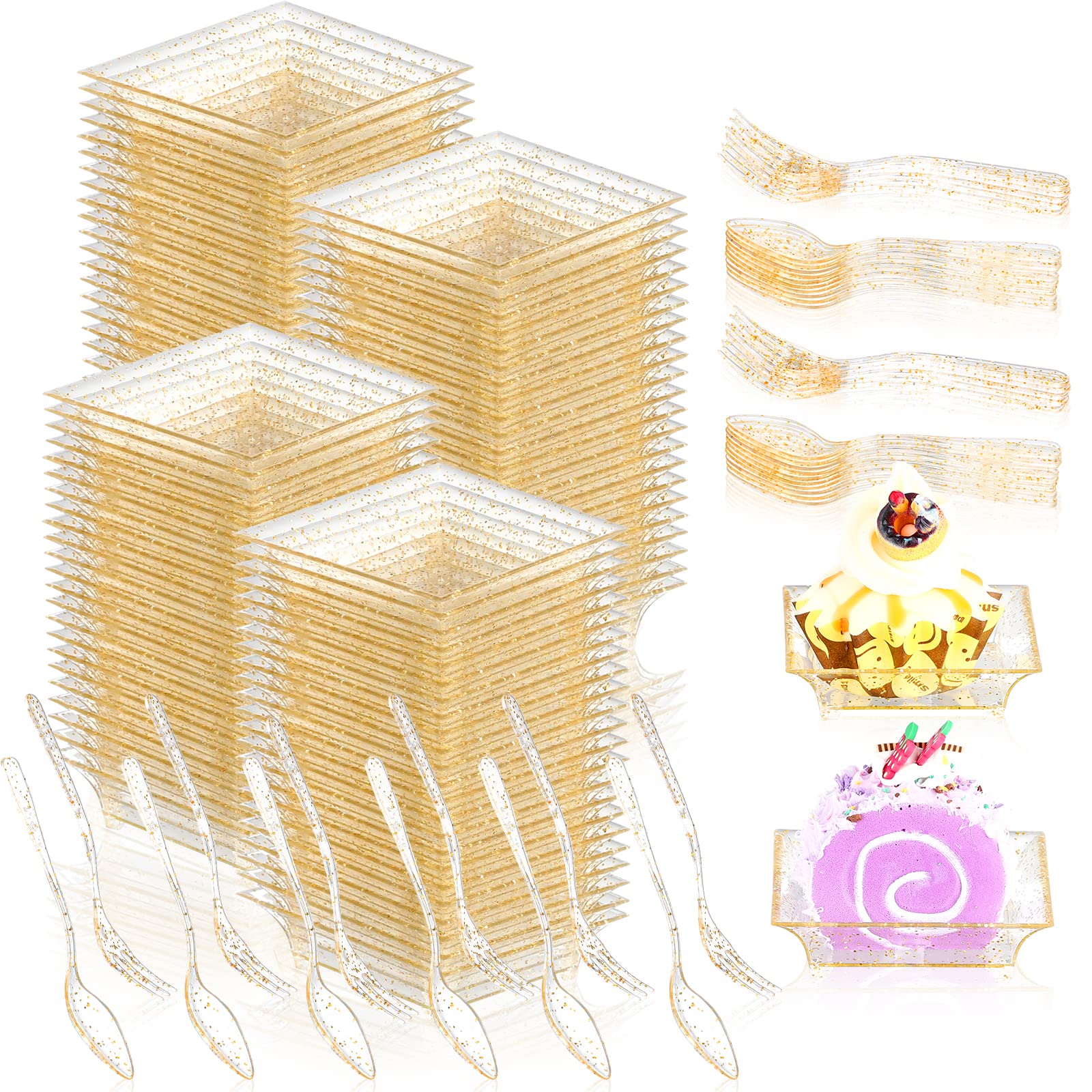 XUWAIDSGN 100-Piece Gold Mini Appetizer Plates Set - Elegant Tear Drop & Square Dessert Plates with Forks & Spoons - Perfect for Parties, Weddings, Candy Buffets & Chocolate Serving (Retro Style)