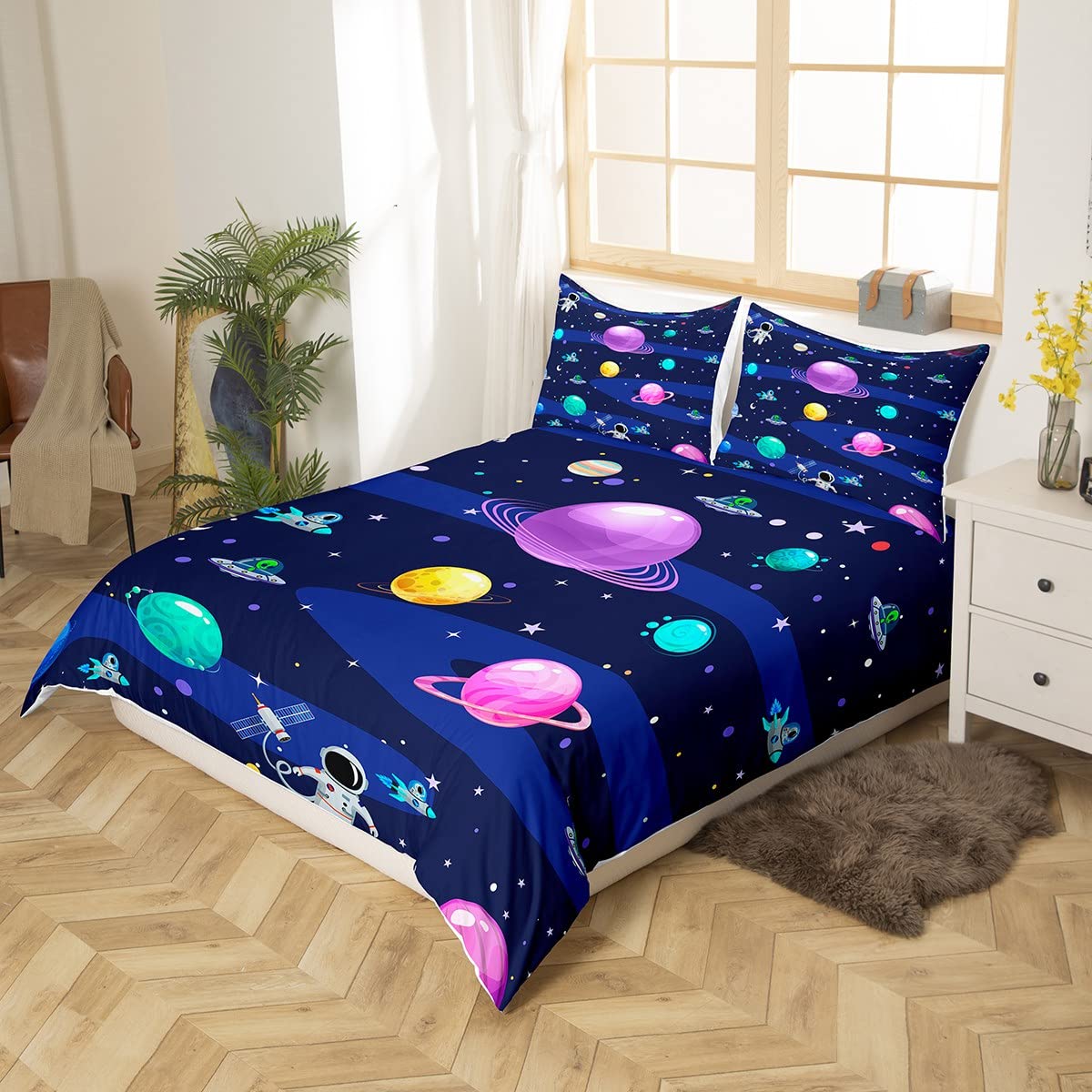 **Galaxy Bedding Set Twin Size - Astronaut Duvet Cover for Kids, Universe Outer Space Planet Comforter Set, Solar System Rocket Spacecraft Quilt Cover, Cosmic Moon Starry Sky Bedroom Decor - Perfect for Kids' Room, Space-Themed Nursery & Gift Ideas**