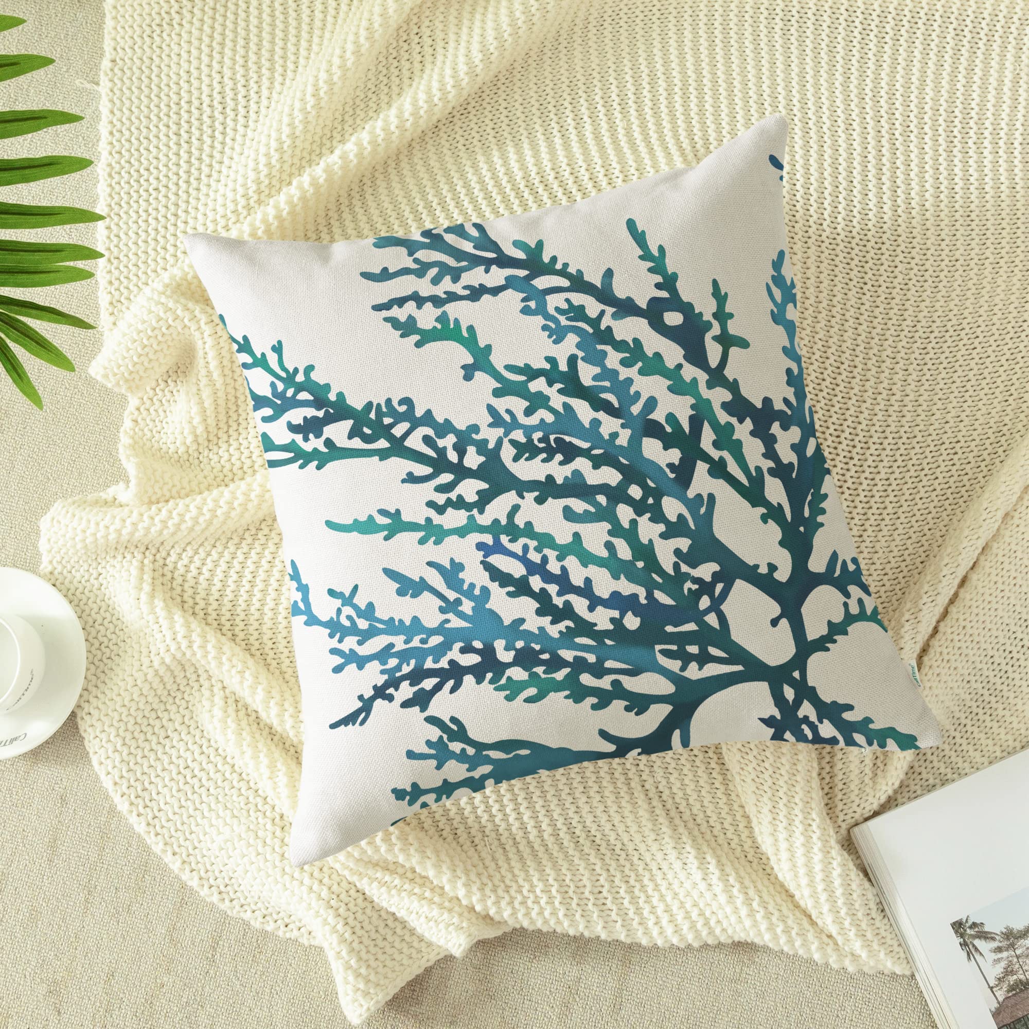 20x20 Inch Aquarelle Painting Print Canvas Throw Pillow Cover - Sea Coral Tree Blue Teal Design for Couch, Sofa & Home Decor | Perfect for Living Room, Bedroom & Coastal Style Interior