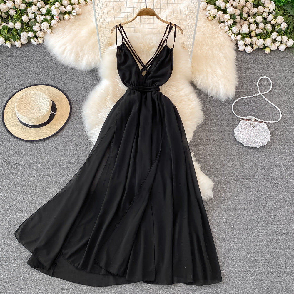 Bohemian Big Swing Thin Shoulder Strap Dress - Fairy High Waist V-Neck Sleeveless Summer Dress for Women | Perfect for Beach Vacation, Music Festival & Boho Chic Outfits