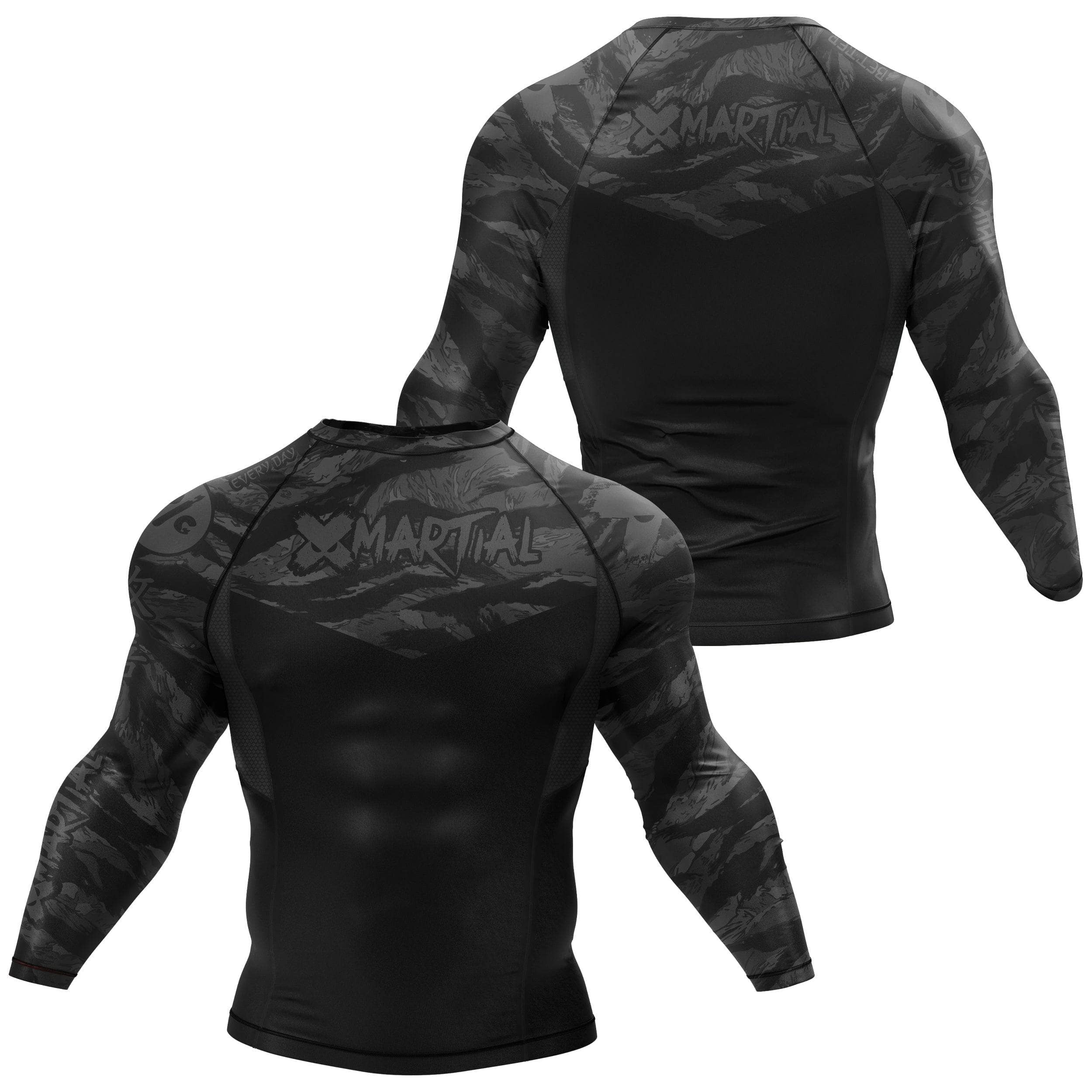 BJJ Rash Guard Black Tiger Camo X Tech 25 Series - Compression Long Sleeve MMA Grappling Shirt for Brazilian Jiu Jitsu, No Gi Training & MMA Fighting - Moisture Wicking & UV Protection