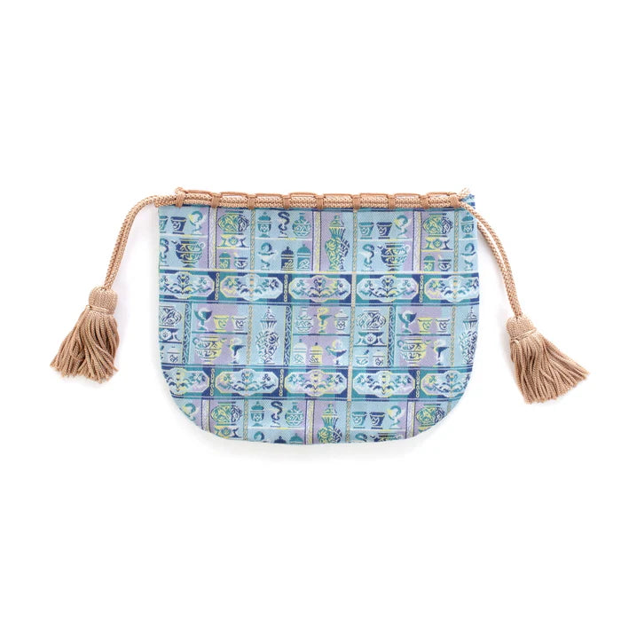 Nishijin Ori Small Drawstring Bag - Snake & Blue Pattern | Handmade in Kyoto Japan | Traditional Japanese Craft Purse for Coins, Jewelry & Gift Giving