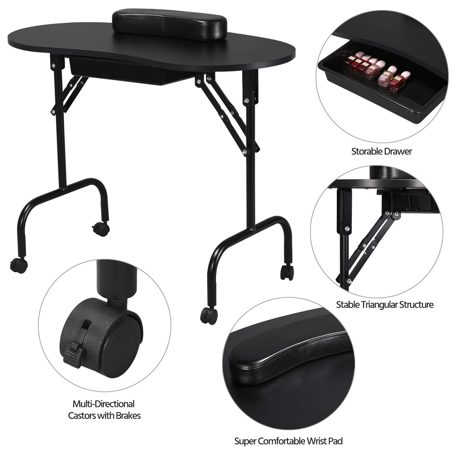 Yaheetech Professional Folding Manicure Table & Salon Stool Set - Adjustable Nail Technician Desk with Rolling Swivel Chair & Carrying Bag - Portable Beauty Station for Home & Salon Use - Perfect for Nail Art, Pedicures & Spa Services