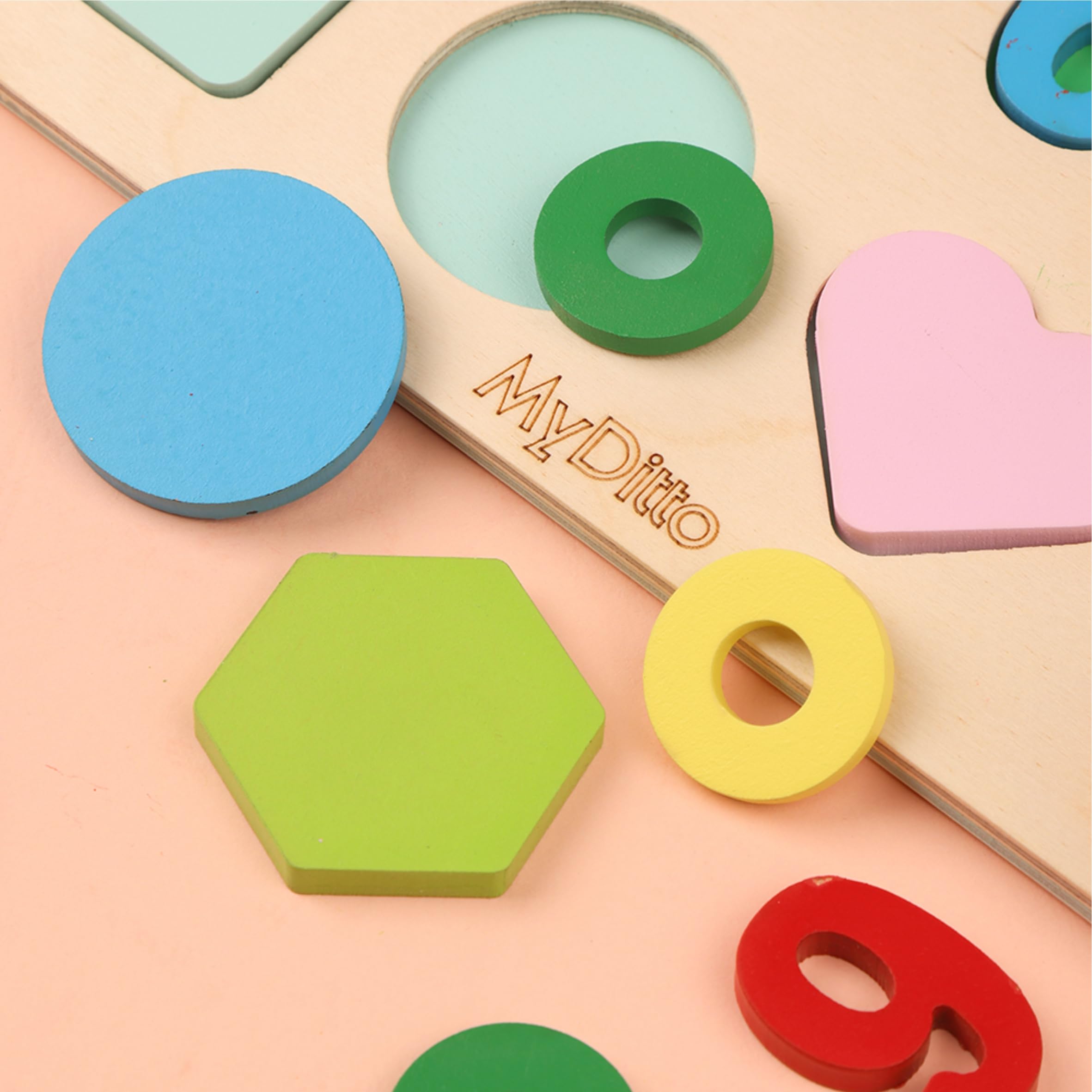 MyDitto Wooden Number & Geometric Shape Puzzle Toys - Educational Learning Board for Toddlers & Kids (Alphabets, Numbers, Shapes) | Montessori Math & STEM Learning Toy for Preschool Classroom & Homeschooling