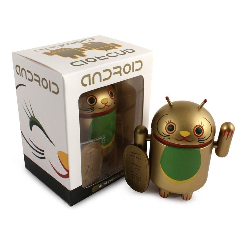 Mini Android Lucky Cat Collectible - Gold Lucky Cat with Koban Coin for Home Decor, Office Desk & Gift Giving