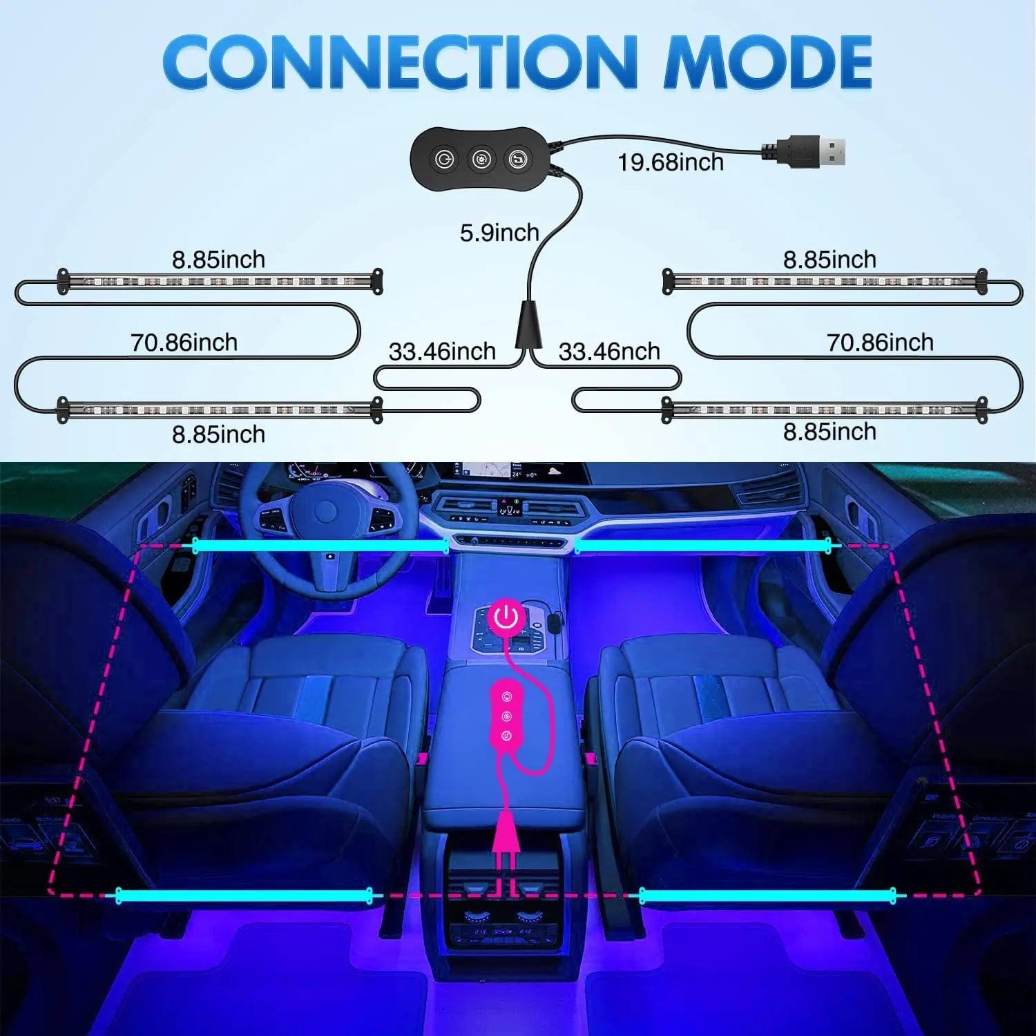 48 LEDs RGB USB Interior Car Light Strip with APP & Remote Control - 4PCS Set for Car, Home, Gaming Room Decoration & Mood Lighting