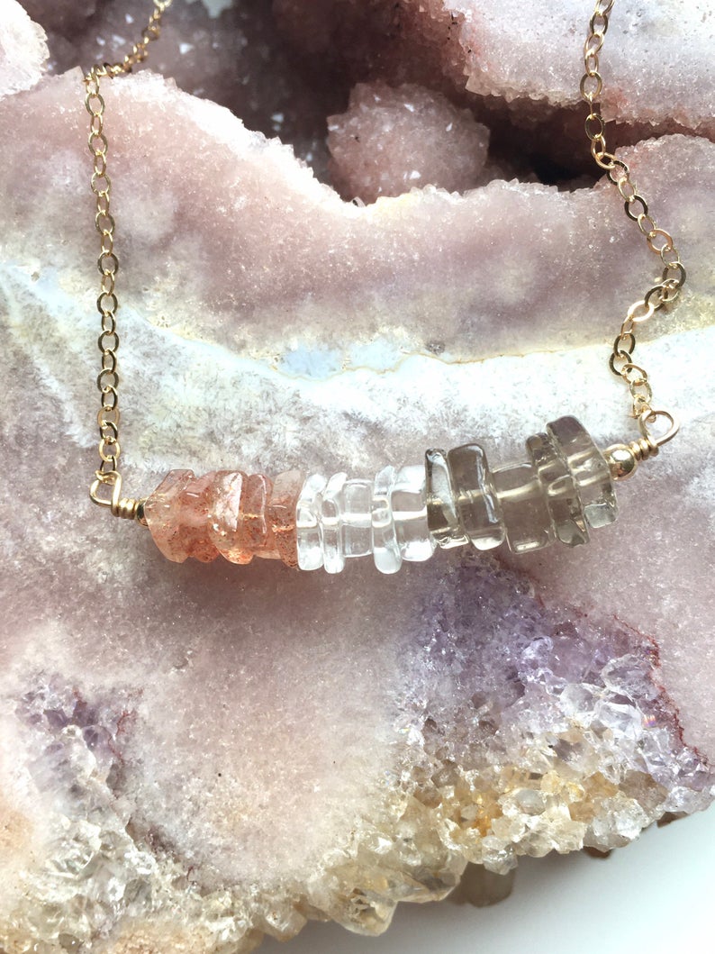Healing Necklace with Smoky Quartz, Clear Quartz & Sunstone - Grounding Crystal Jewelry for Root Chakra Balancing (Silver/Gold) | Spiritual Wellness, Meditation & Energy Protection