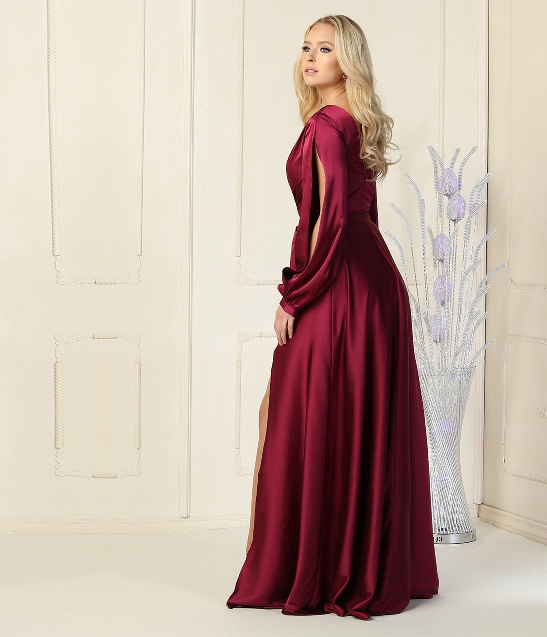 Elegant Magenta Satin Long Sleeve Evening Gown for Women - Formal Dresses for Prom, Wedding Guest, Cocktail Party & Special Occasions
