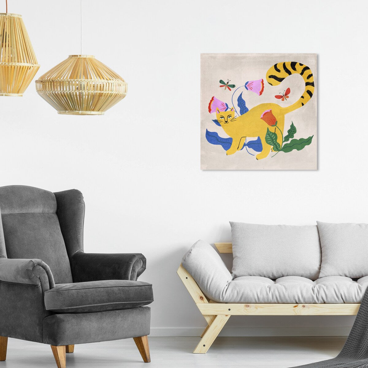 Blonde Tabby Floral Kitten Butterfly Garden Modern Yellow Canvas Wall Art Print - Home Decor for Bedroom, Living Room & Nursery