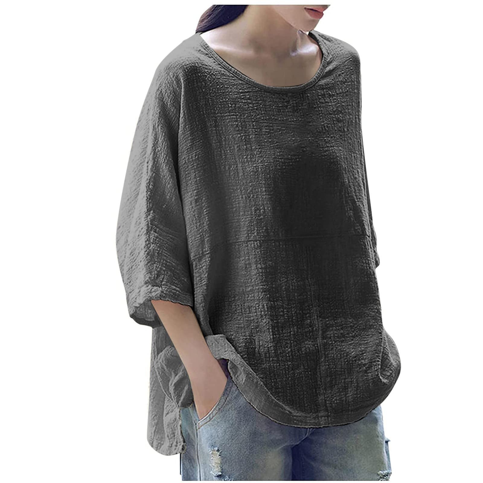 Women's 3/4 Sleeve Casual Tops - Breathable Cotton Linen Shirt, Round Neck Loose Fit Summer Blouse for Women | Perfect for Beach Outings, Vacation Wear & Everyday Casual Style