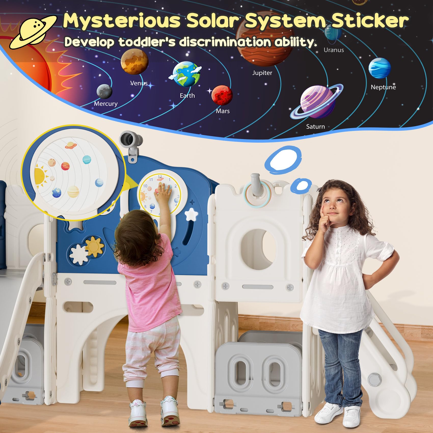 BIERUM 12-in-1 Astronaut Themed Toddler Slide Playset for Kids Ages 1-3 - Interactive Baby Slide with Basketball Hoop, Ring Toss & Space Decor (Blue-Gray) - Perfect for Indoor Playrooms, Backyards & Preschool Activities