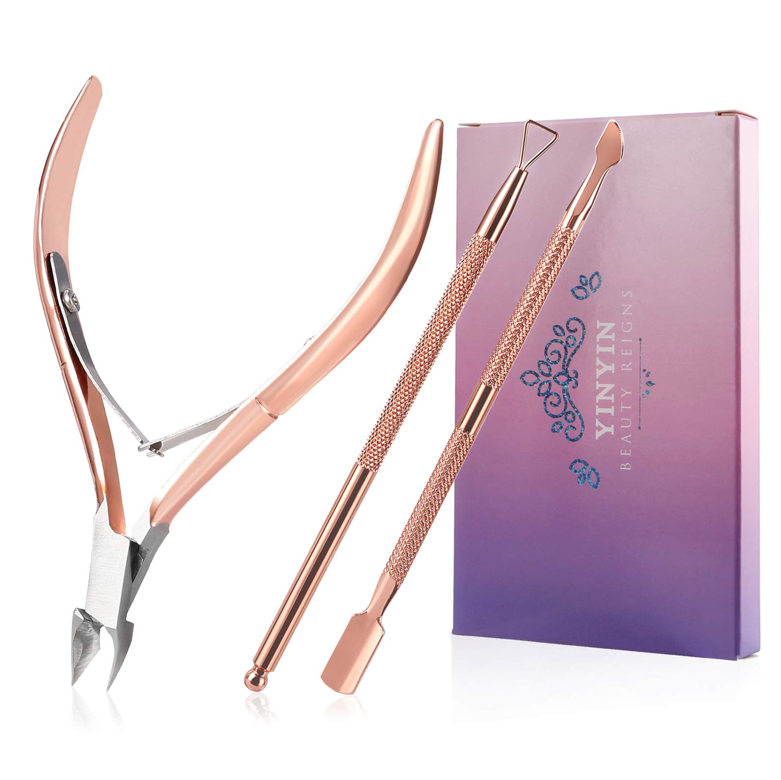 Professional Cuticle Trimmer Set with Pusher & Cutter - Stainless Steel Manicure Pedicure Tools for Fingernails & Toenails - Durable Nail Care Kit for Salon & Home Use (Rose Gold) - Perfect for DIY Nail Care & Professional Grooming
