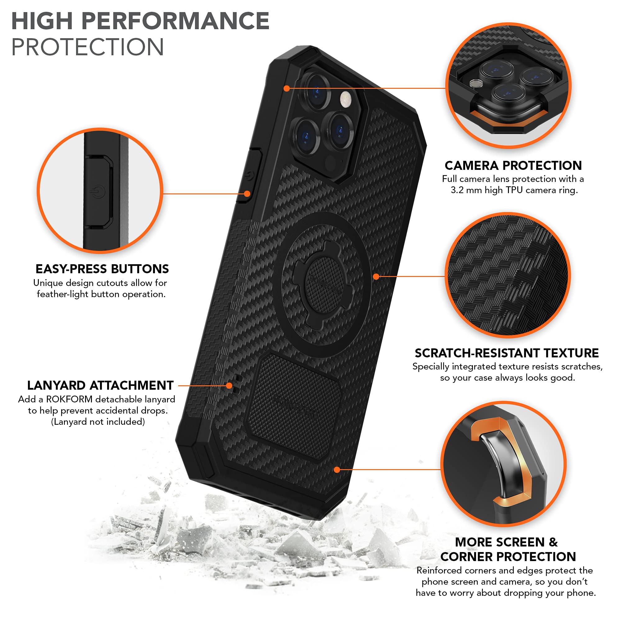 Rokform Rugged iPhone 13 Pro Max Case with Twist Lock Sport Ring Stand & Grip (RokLock Series) - Shockproof Protective Cover for Outdoor, Cycling, Motorcycle & Active Lifestyle