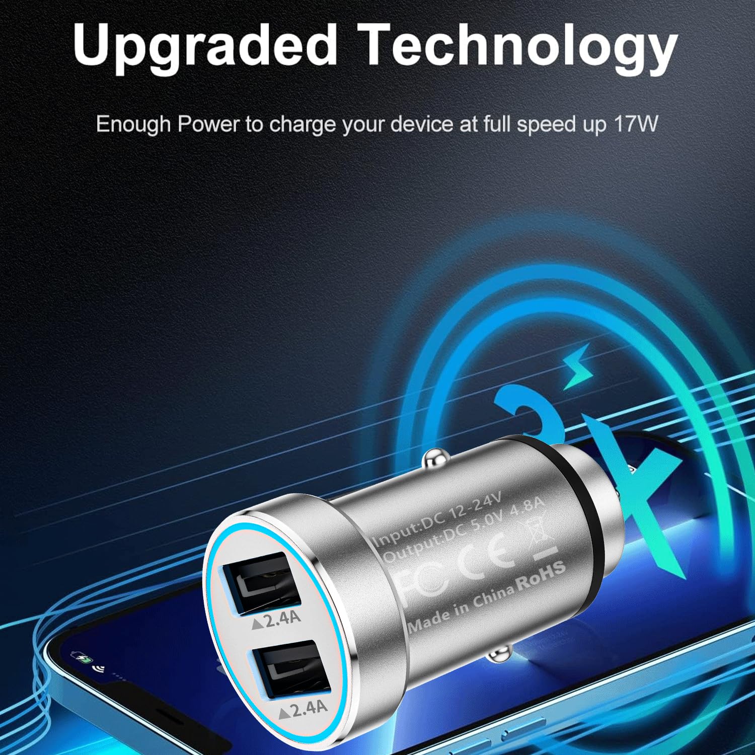 MFi Certified 2-Pack USB Car Charger for iPhone & Samsung - 4.8A Dual Port Fast Charging Adapter - Compatible with iPhone 14/13/12/11/Pro/XS/XR/SE/X & Galaxy S23/S10/S9/S8/S7 - Perfect for Road Trips & Daily Commutes