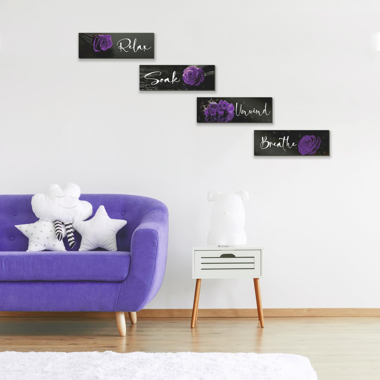 4-Piece Purple Rose Wall Art Set - Wooden Bathroom Decor with Relax Soak Unwind Breathe Signs (12x4 Inch) - Perfect for Girls Bedroom, Women's Living Room & Home Decor - Create a Spa-Like Ambiance for Relaxation & Self-Care Moments