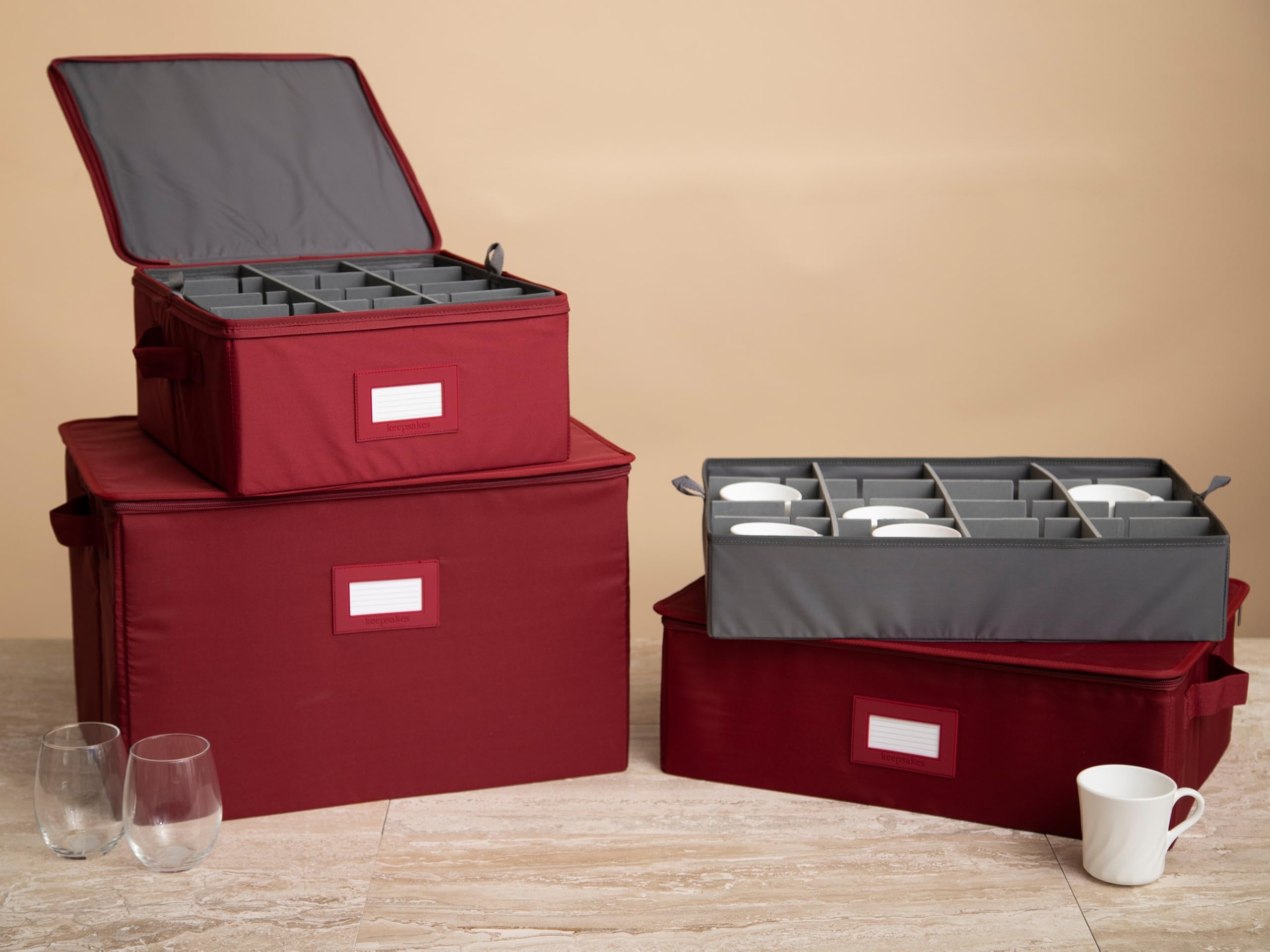 Covermates Keepsakes China Cups and Coffee Mugs Storage Box – Stackable Organizer with Reinforced Handles for Tea Sets & Dishware, Scarlett Red | Perfect for Kitchen Organization, Dining Room Display & China Cabinet Storage