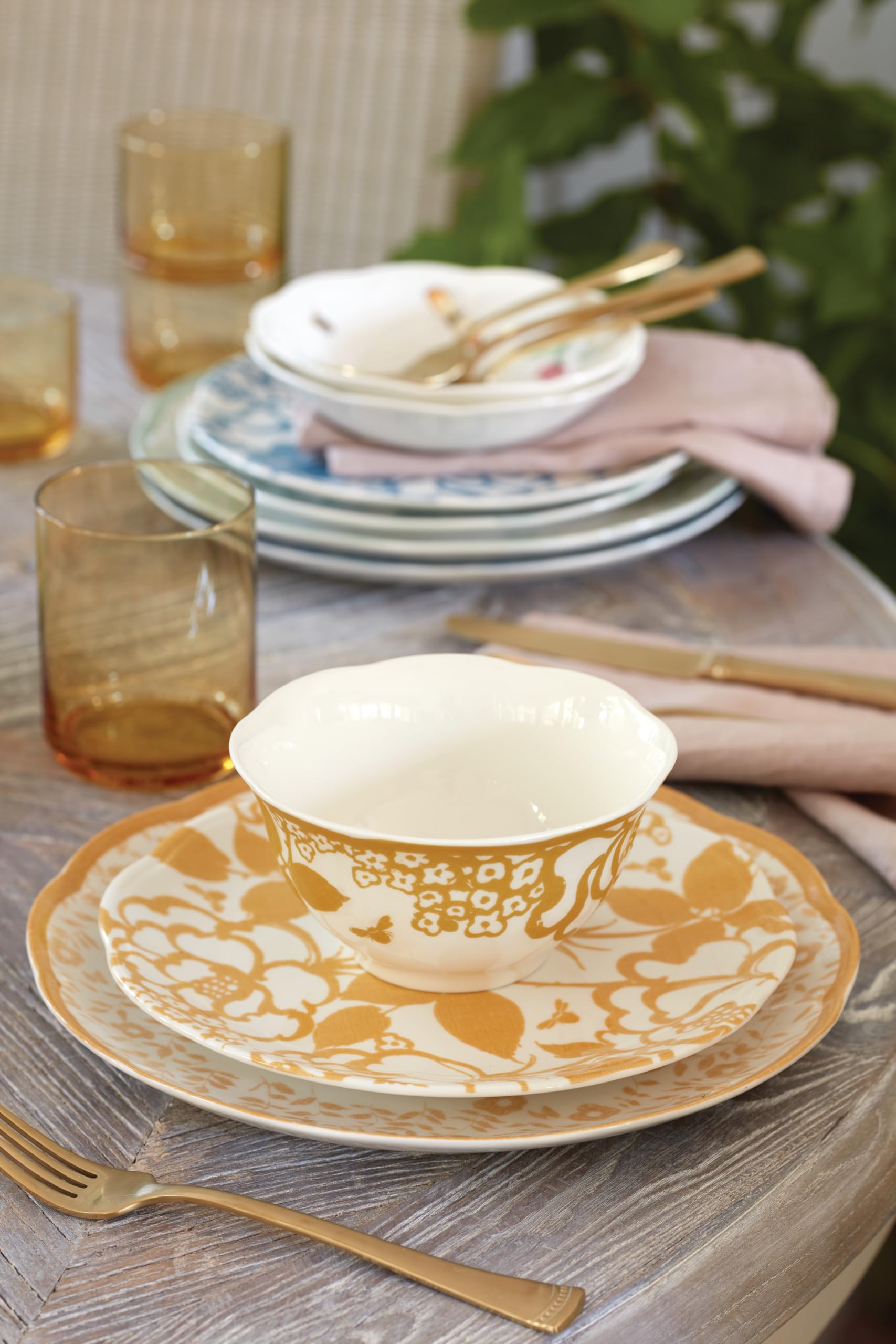Lenox Butterfly Meadow Cottage Rice Bowls Set of 4 - 3.10 LB Goldenrod Ceramic Dinnerware for Home, Kitchen & Dining - Perfect for Asian Cuisine, Soup, Salad & Everyday Meals