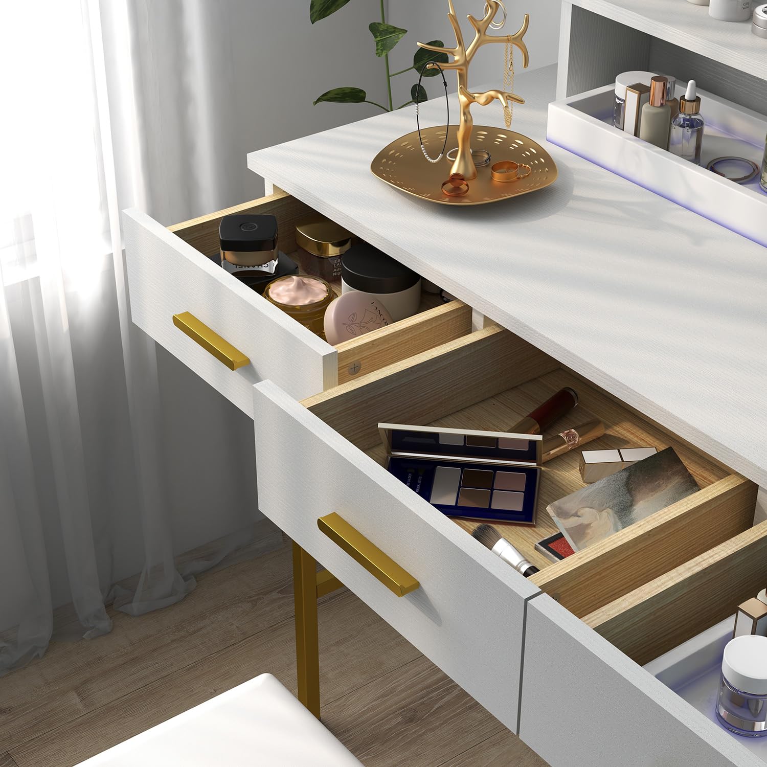 Lighted Vanity Table with Mirror & 3 Drawers - Makeup Dressing Desk with Storage, Includes Wide Cushioned Stool - Perfect for Bedroom, Home Decor & Beauty Routine (White)
