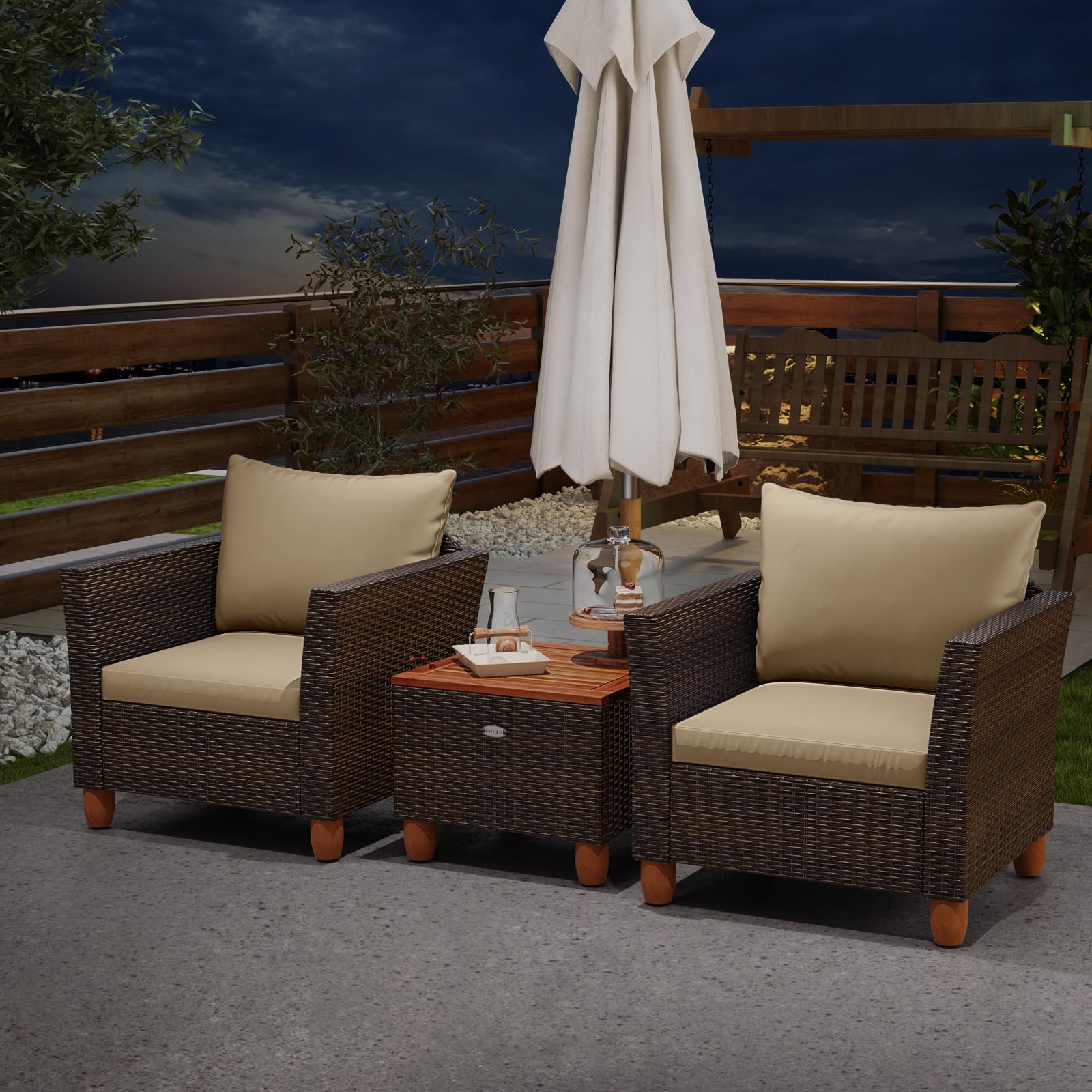 Tangkula 3-Piece Outdoor Patio Furniture Set - PE Wicker Bistro Set with Acacia Wood Frame & Soft Cushions - Perfect for Porch, Balcony, Garden & Backyard Relaxation (Beige)