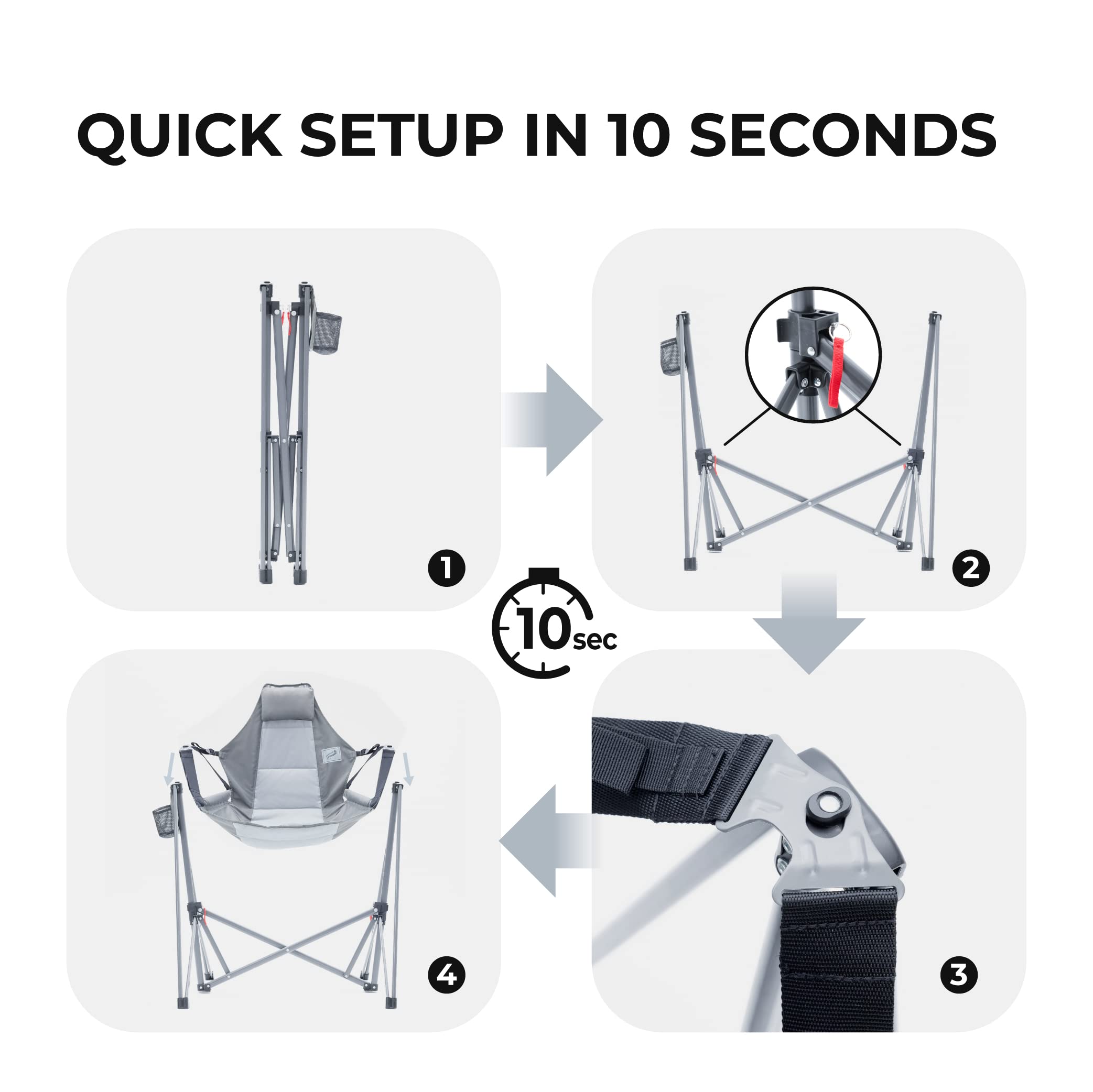 Portable Swing Hammock Chair with Headrest & Cup Holder - Foldable Recliner Rocking Lounger for Outdoor, Beach, Lawn, Hunting, Camping, Fishing - Supports 300lbs (Grey) - Perfect for Relaxing in Backyard, Garden or Patio