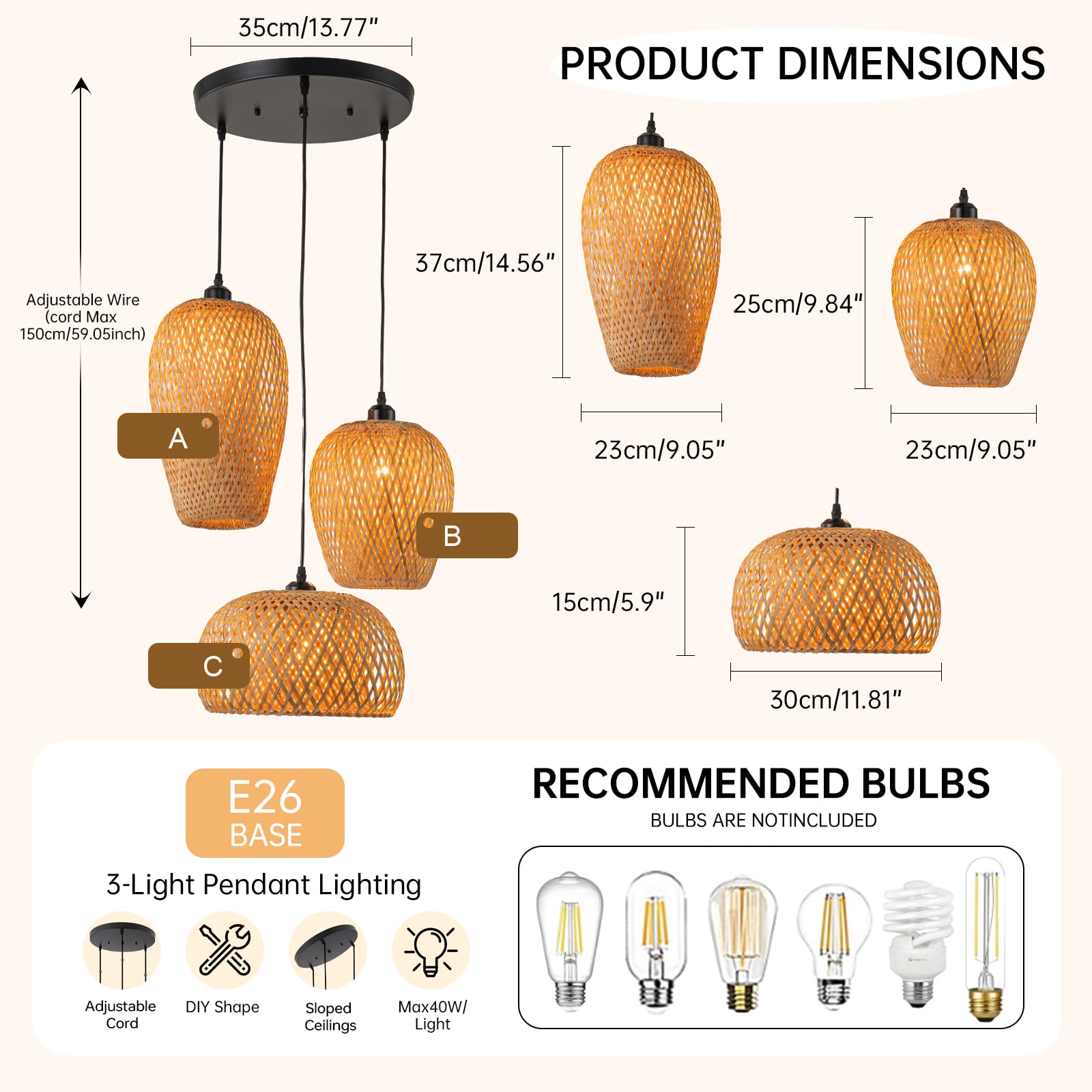 Boho Rattan Pendant Light Fixture - 3-Light Woven Bamboo Chandelier with Wicker Shade for Dining Room, Living Room & Kitchen | Natural Woven Basket Ceiling Light for Farmhouse, Beach House & Boho Decor