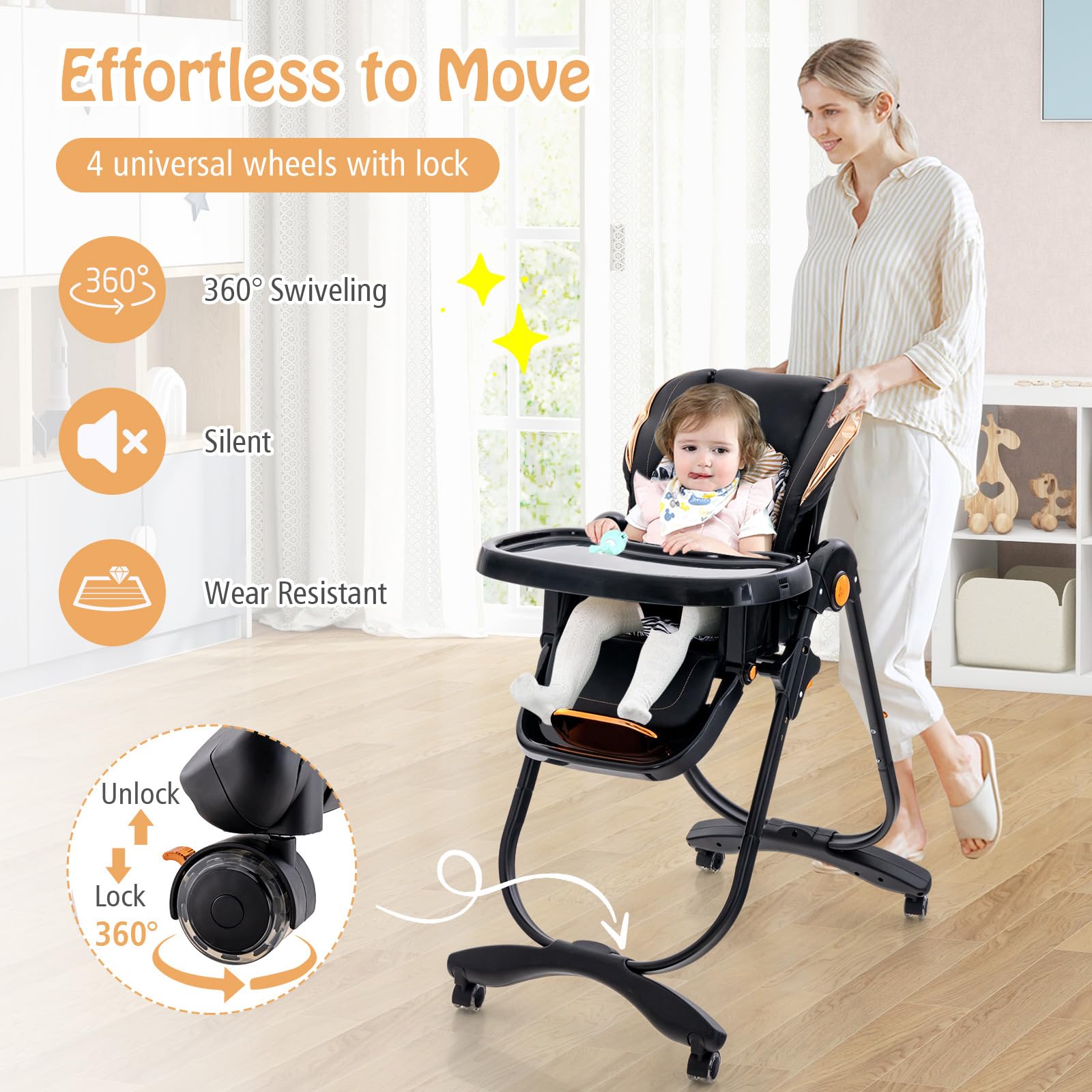 Baby Joy Foldable High Chair with Adjustable Height, Backrest & Footrest - Double Removable Tray & Wheels - Portable Dining Chair for Babies & Toddlers 6-36 Months (Black) - Perfect for Home, Restaurant & Travel Use