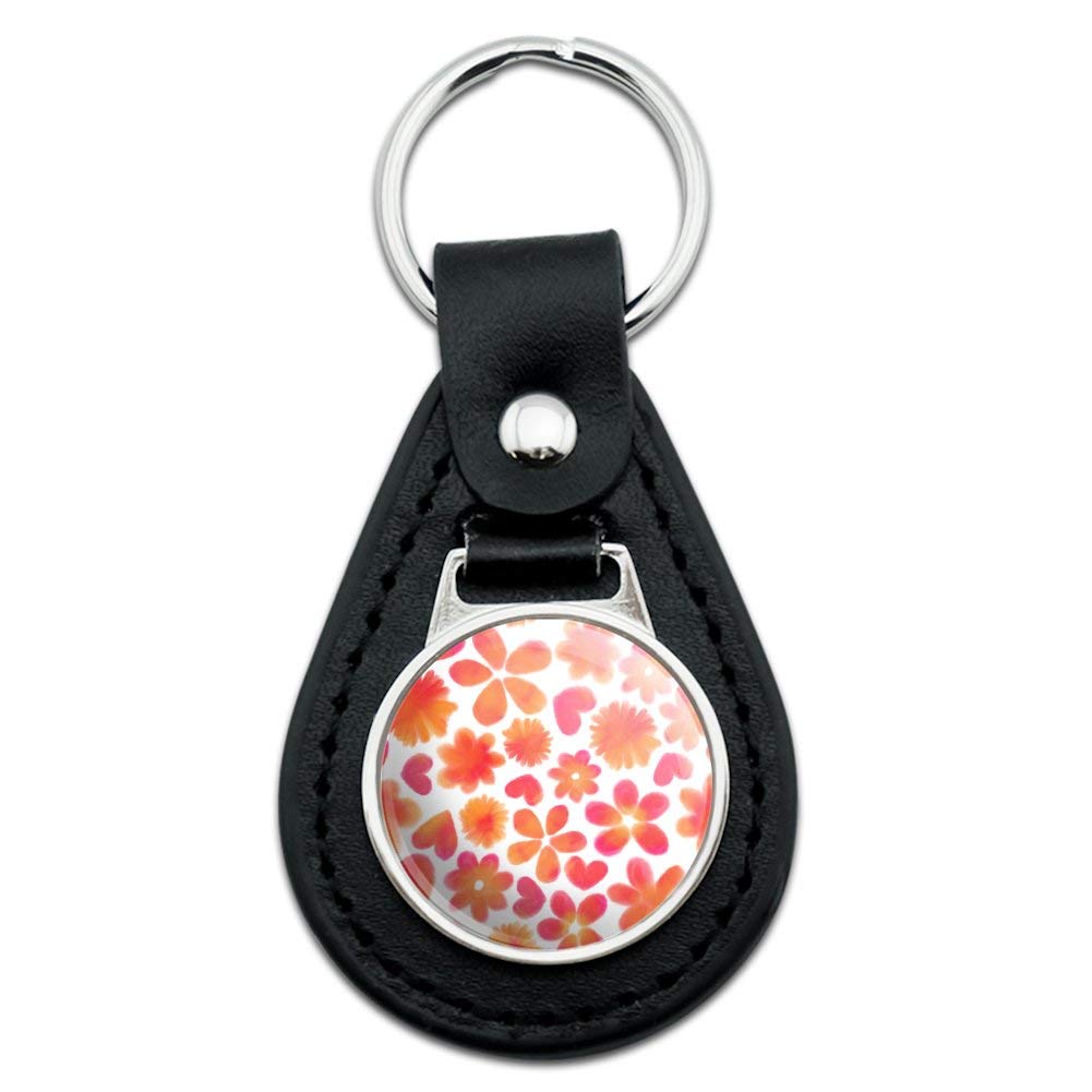 GRAPHICS & MORE Black Leather Keychain with Watercolor Flowers and Hearts Design - Perfect Gift for Women, Men, Friends & Travel Accessories