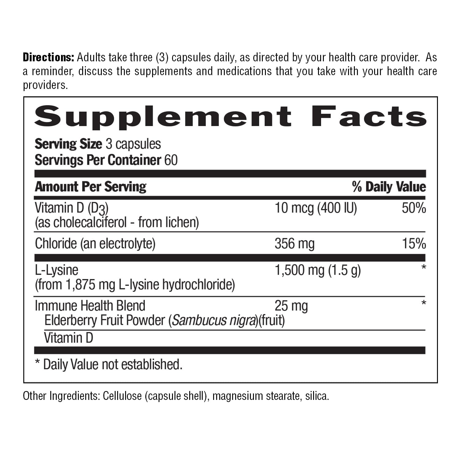 Country Life L-Lysine 1500mg with Vitamin D & Elderberry - Immune Support & Collagen Renewal Supplement - Gluten-Free Vegan Capsules (180 Count) - For Cold Season Wellness & Skin Health