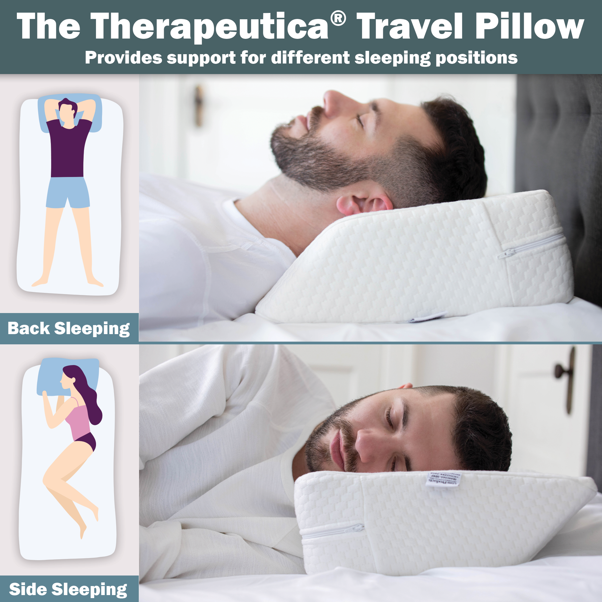 Therapeutica Travel Pillow for Neck Support - Memory Foam Cervical Pillow for Airplane, Car & Office - Orthopedic Neck Pain Relief for Side, Back & Stomach Sleepers
