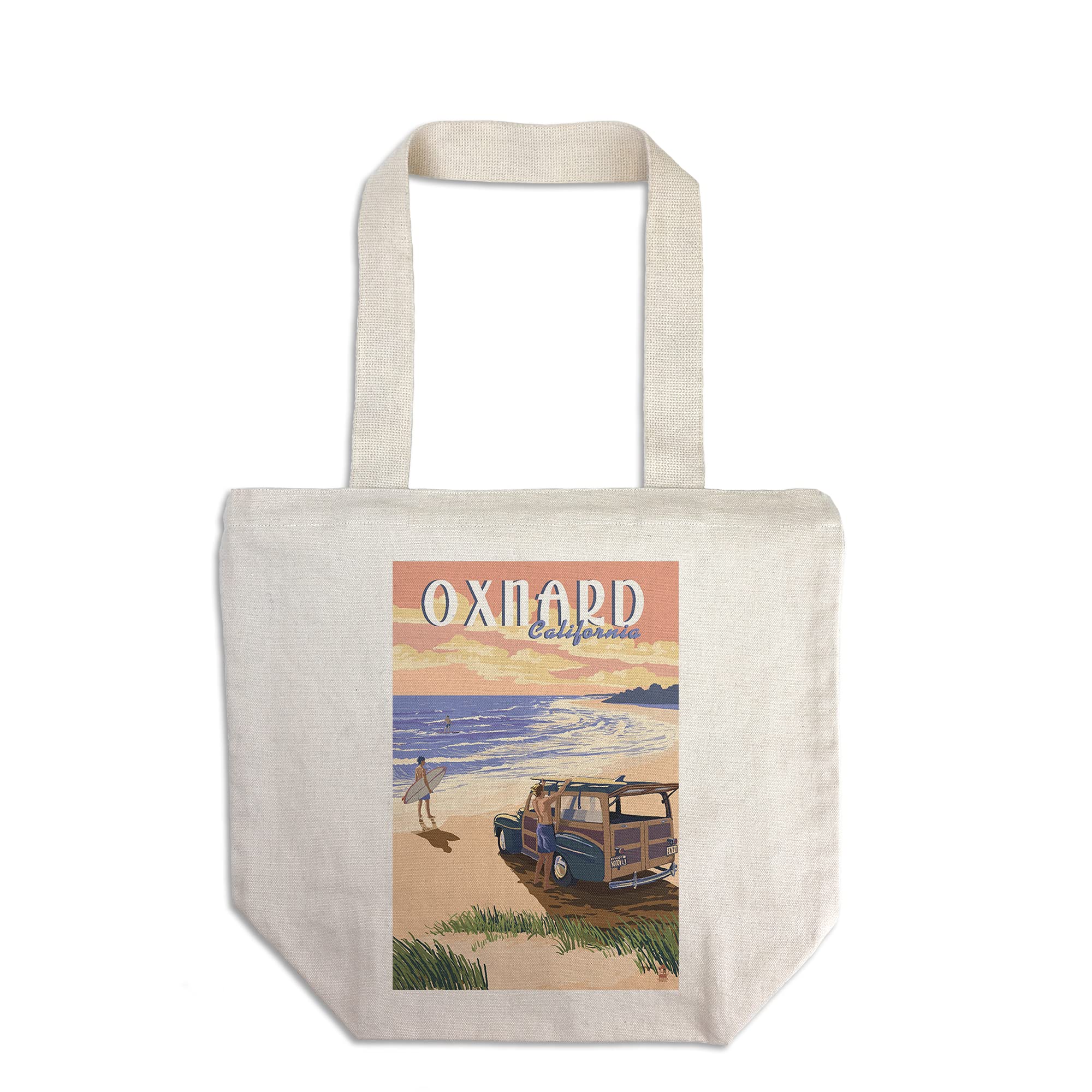 Lantern Press Oxnard California Woody on Beach Tote Bag - 100% Cotton Canvas Reusable Shopping Bag for Groceries, Beach Trips & Daily Use