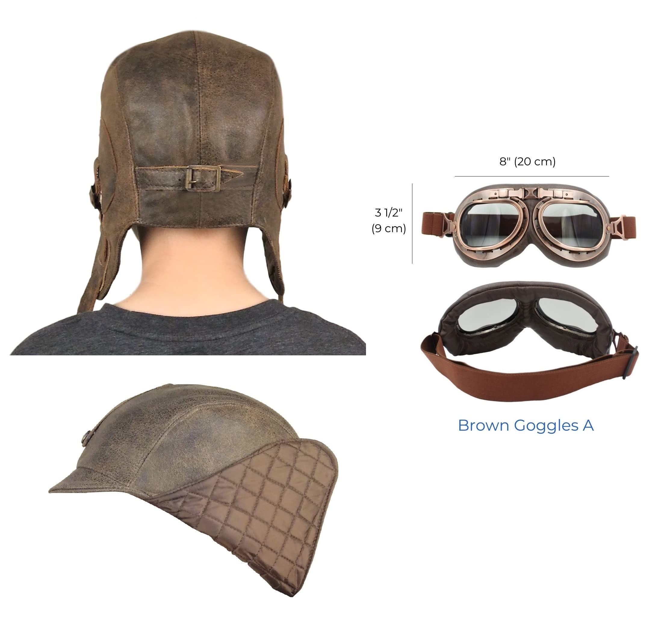 Kids Aviator Hat with Goggles - Genuine Brown Leather Pilot Flying Cap for Children (Medium Size) | Perfect for Halloween Costumes, Dress-Up Play & Aviation-Themed Parties