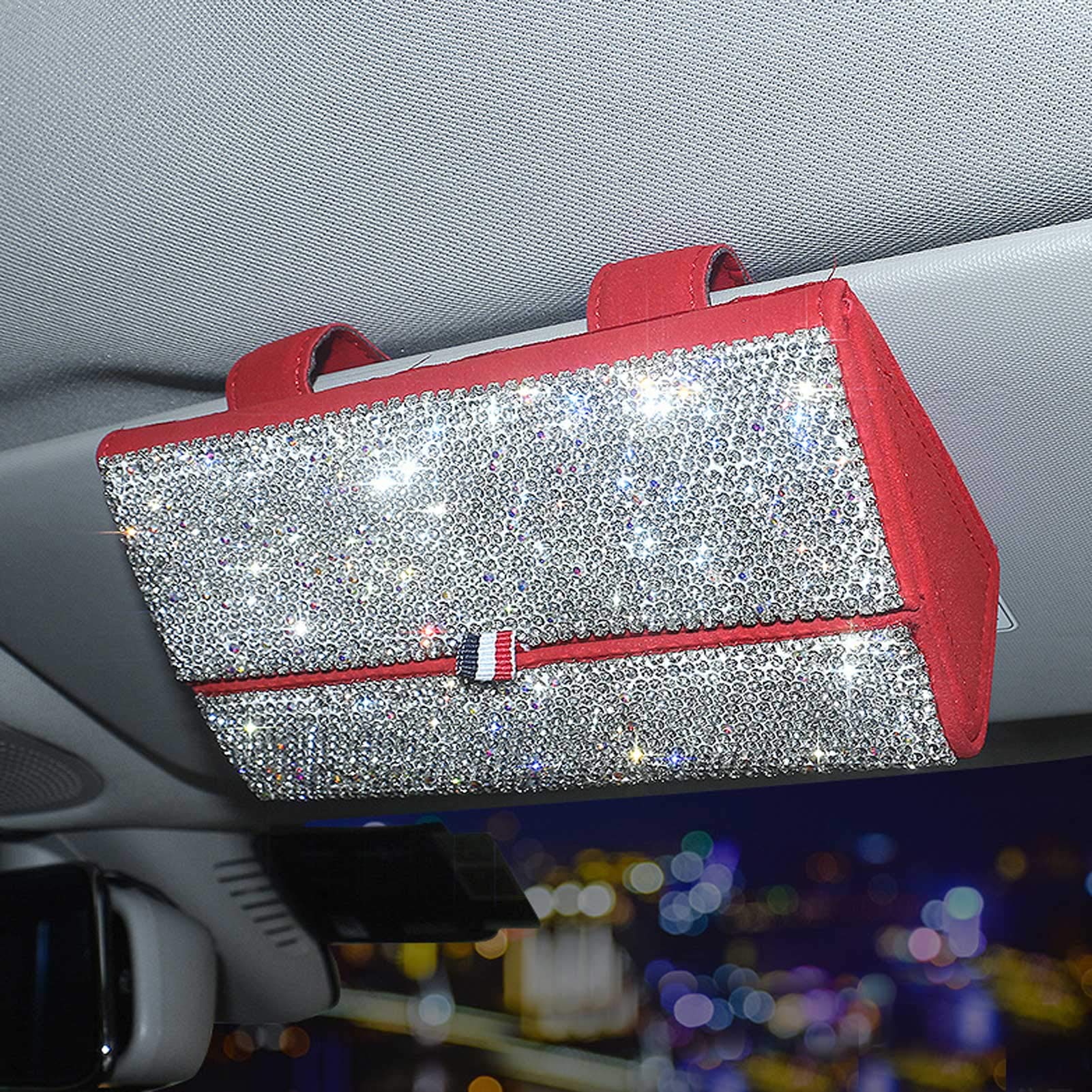 Sparkling Crystal Sunglasses Holder for Car Sun Visor - Glasses Storage Case with Shiny Rhinestones (Red) - Perfect for Organizing Eyewear While Driving & Traveling