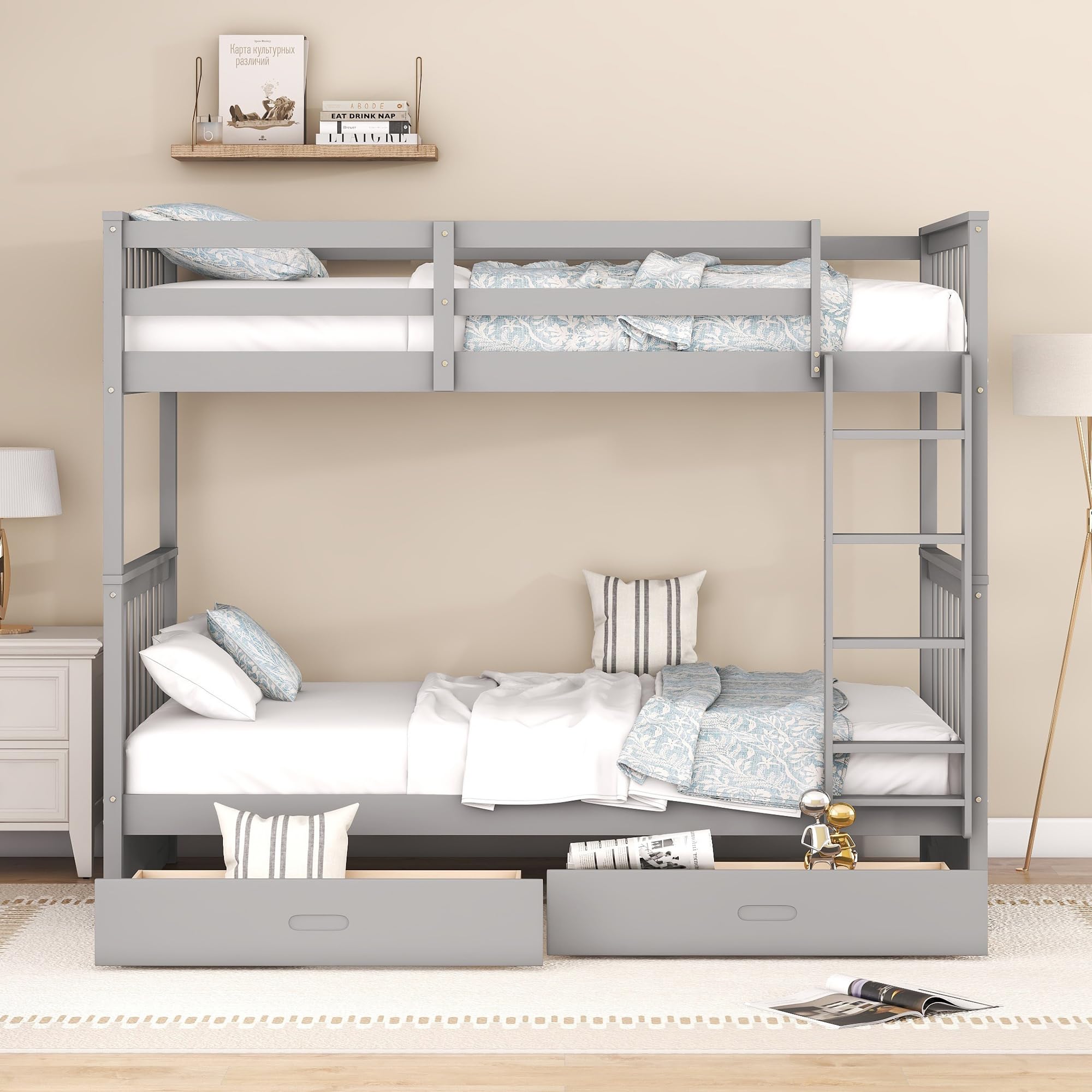 Merax Solid Wood Twin Over Twin Bunk Bed with Ladders & 2 Storage Drawers - Convertible Detachable Frame, Grey | Space-Saving Kids Bedroom Furniture for Shared Rooms & Sleepovers