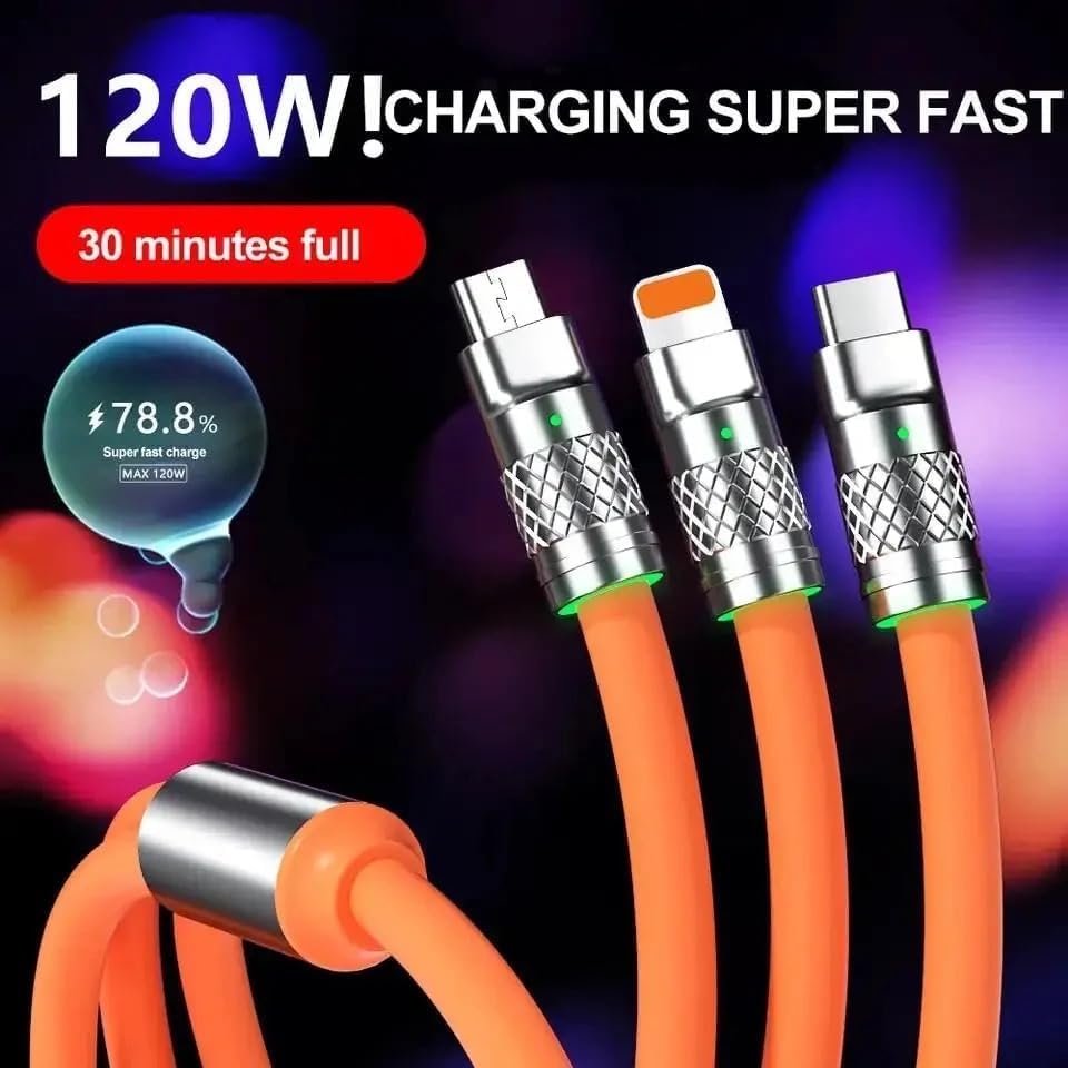 3-in-1 Fast Charging Cable with Lightning/USB-C/Micro USB - Compatible with iPhone 15/14/13, Samsung Galaxy, iPad, Kindle & More - Orange Multi-Port Charger for Home, Office & Travel Accessories