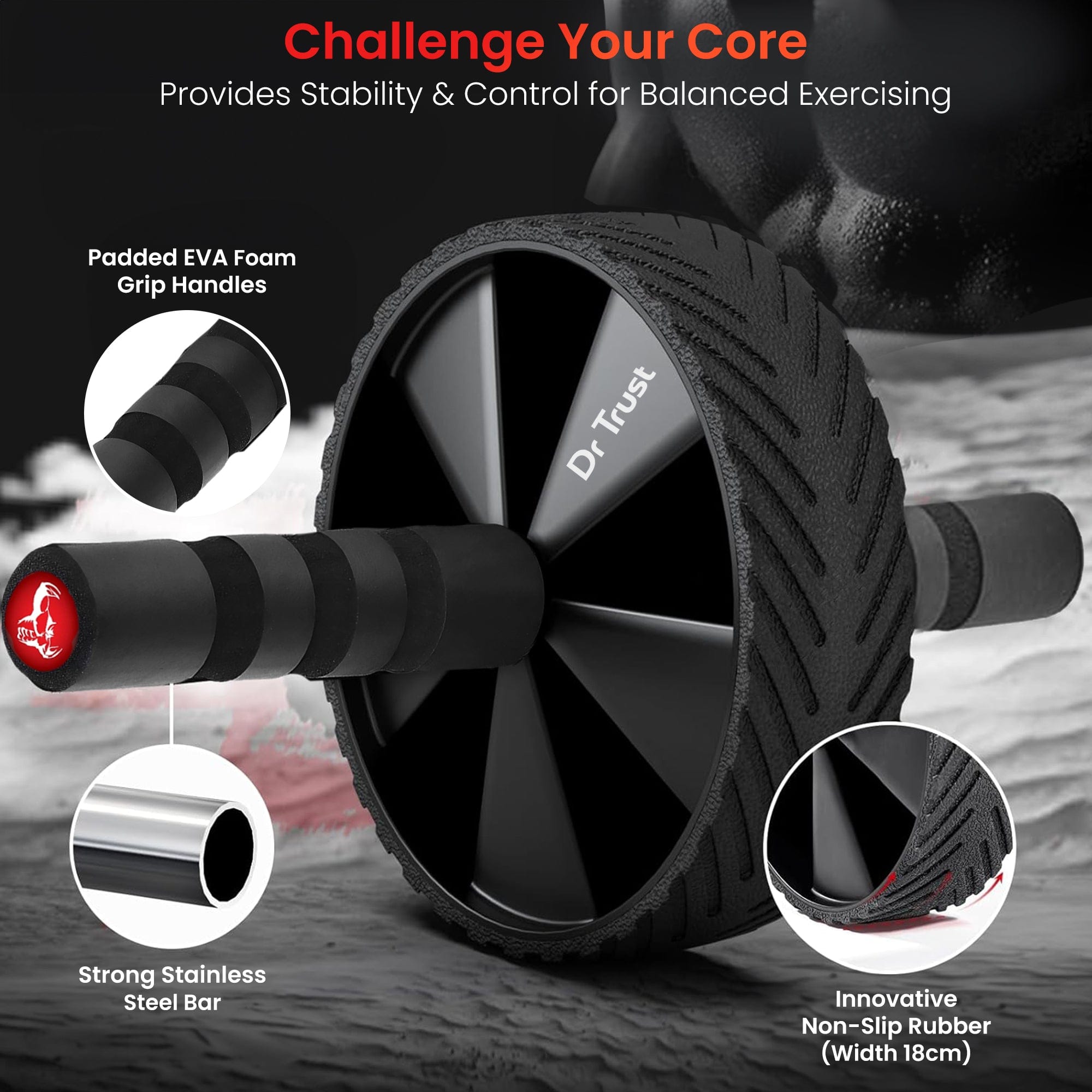 Dr Trust USA Ab Wheel Roller with Knee Pad - Professional Core Exercise Equipment for Men & Women - Full Body Workout for Abs, Arms, Back & Shoulder Strength Training - Perfect for Home Gym & Fitness Enthusiasts (Black)