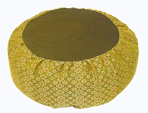 Premium Buckwheat Meditation Cushion Zafu Pillow with Luxurious Silk Brocade Cover - Lime Green - Perfect for Yoga, Zen Meditation & Home Decor