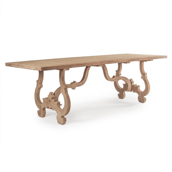 Hand Carved Rectangle Pedestal Dining Table with Scroll Legs - Solid Wood Farmhouse Dining Table in Natural Finish for Kitchen, Dining Room & Home Decor