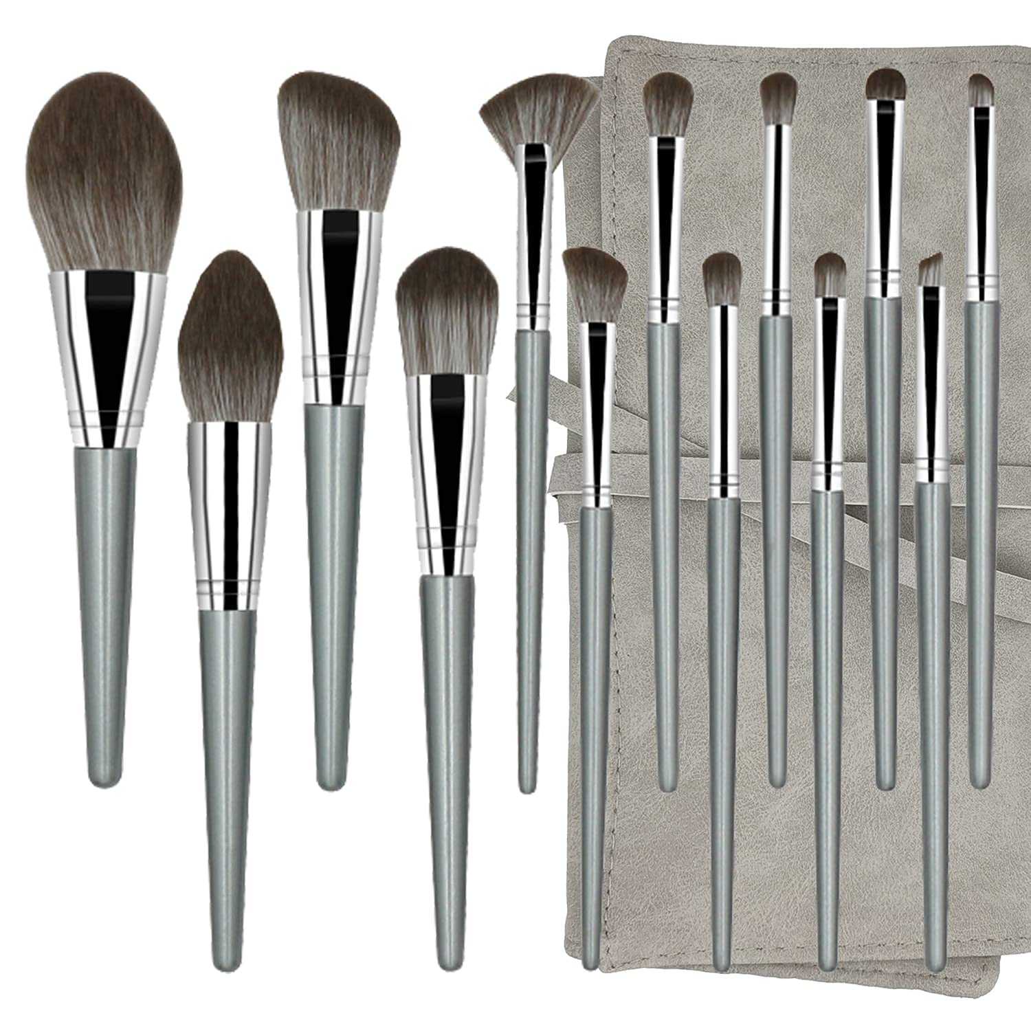 Roslet 14Pcs Professional Makeup Brush Set - Foundation, Blush, Contour, Concealer, Eyeshadow, Eyelash & Lip Brushes for Flawless Makeup Application | Perfect for Travel & Everyday Use (Gray)