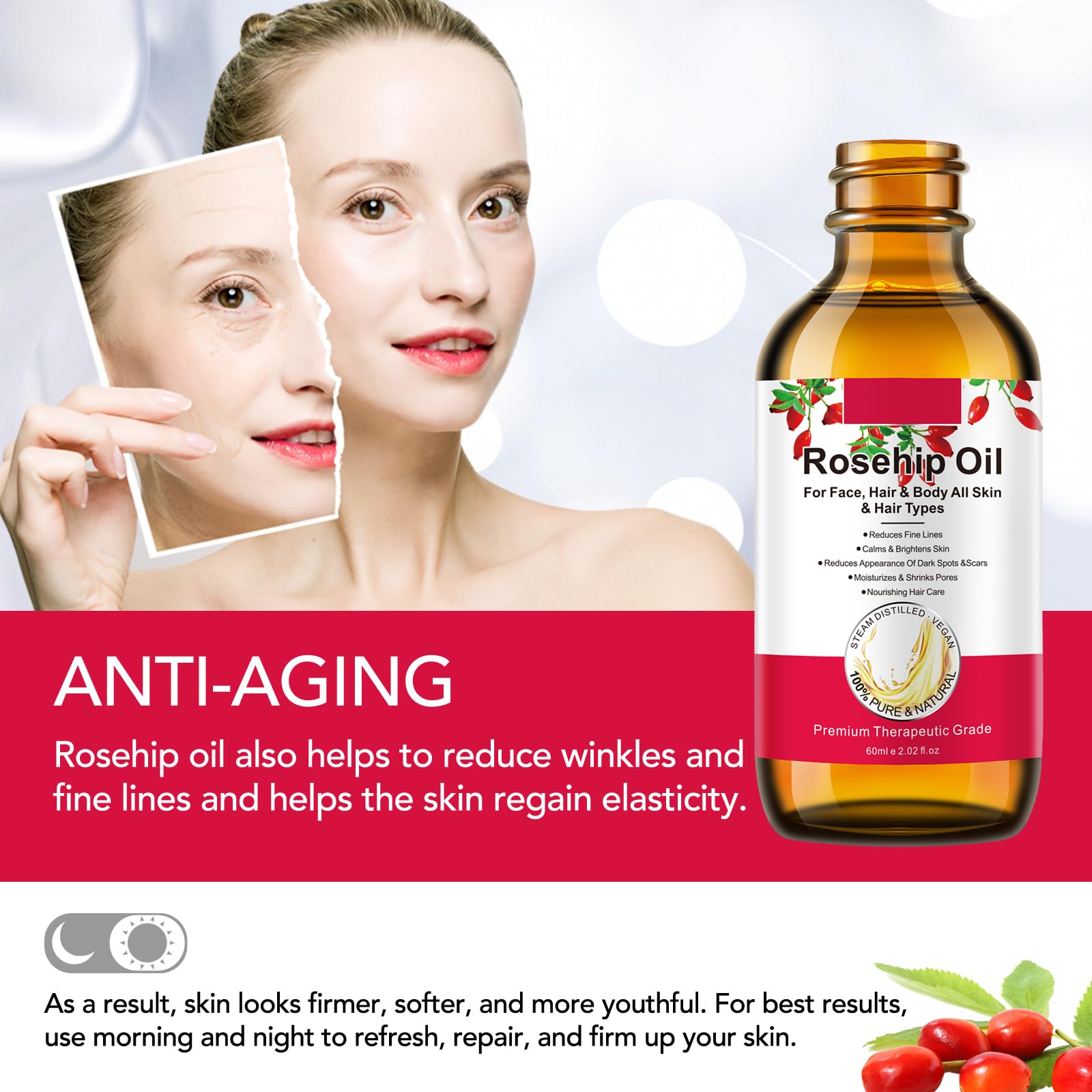 100% Pure & Natural Rosehip Oil 60ml (2.02 fl oz) - Organic Cold-Pressed Rose Hip Seed Oil for Face, Body, Hair & Skin Care - Anti-Aging Moisturizer, Dry Skin Relief & Hair Treatment - Perfect for Night Routine, DIY Beauty & Spa Treatments