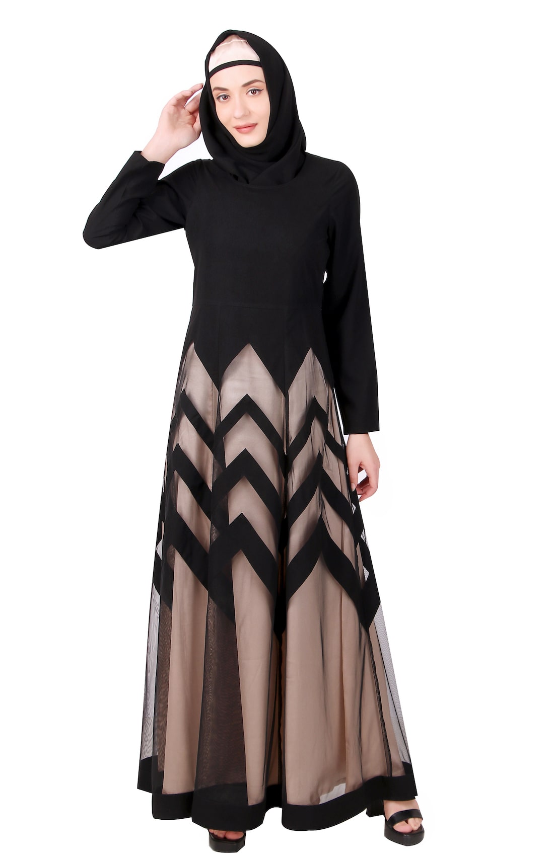 Elegant Designer Zig Zag Pattern Nida & Net Abaya - Modest Islamic Dress for Women - Perfect for Prayer, Eid, and Special Occasions