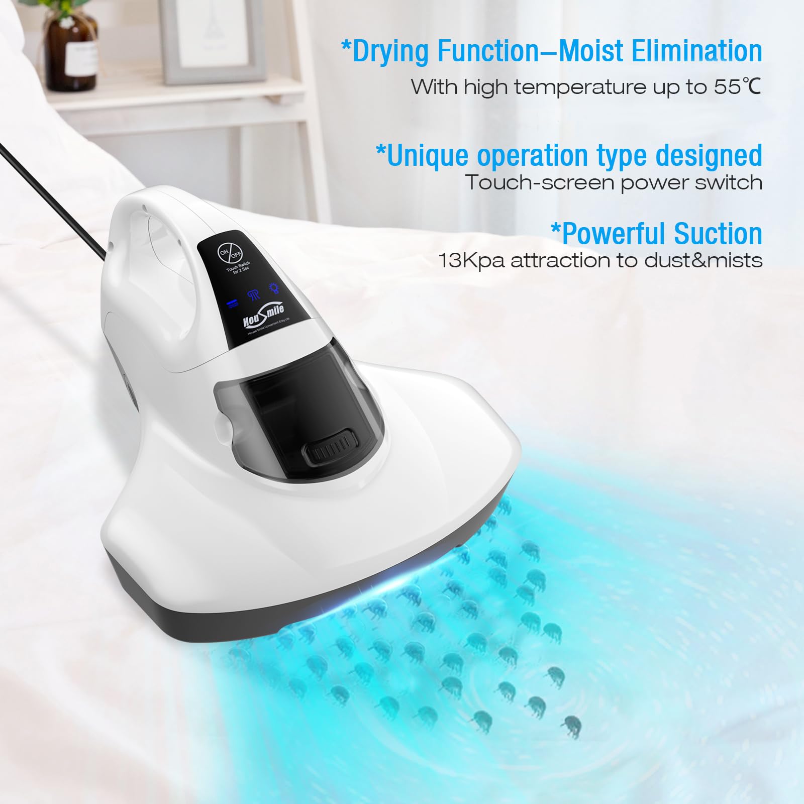 Housmile Powerful 13KPa Bed Vacuum Cleaner with UV Light & Roller Brush - Handheld Mattress Cleaner for Beds, Pillows, Sofas, Carpets & Fabric Surfaces - Perfect for Allergy Relief & Deep Cleaning Pet Hair, Dust Mites & Debris